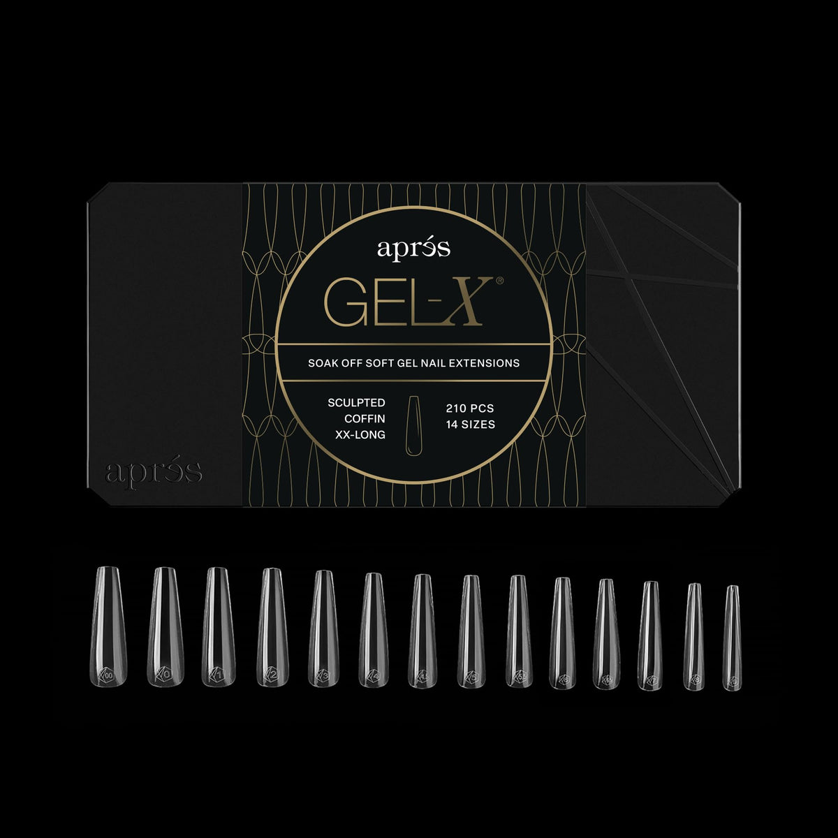 Apres Gel-X® Coffin Box of Nail Tips | 280 Gel-X Tips, Soft Tips, 14 Sizes 00-9 | Half-sizes Included (Sculpted Coffin Extra Long Box, 280 Count)