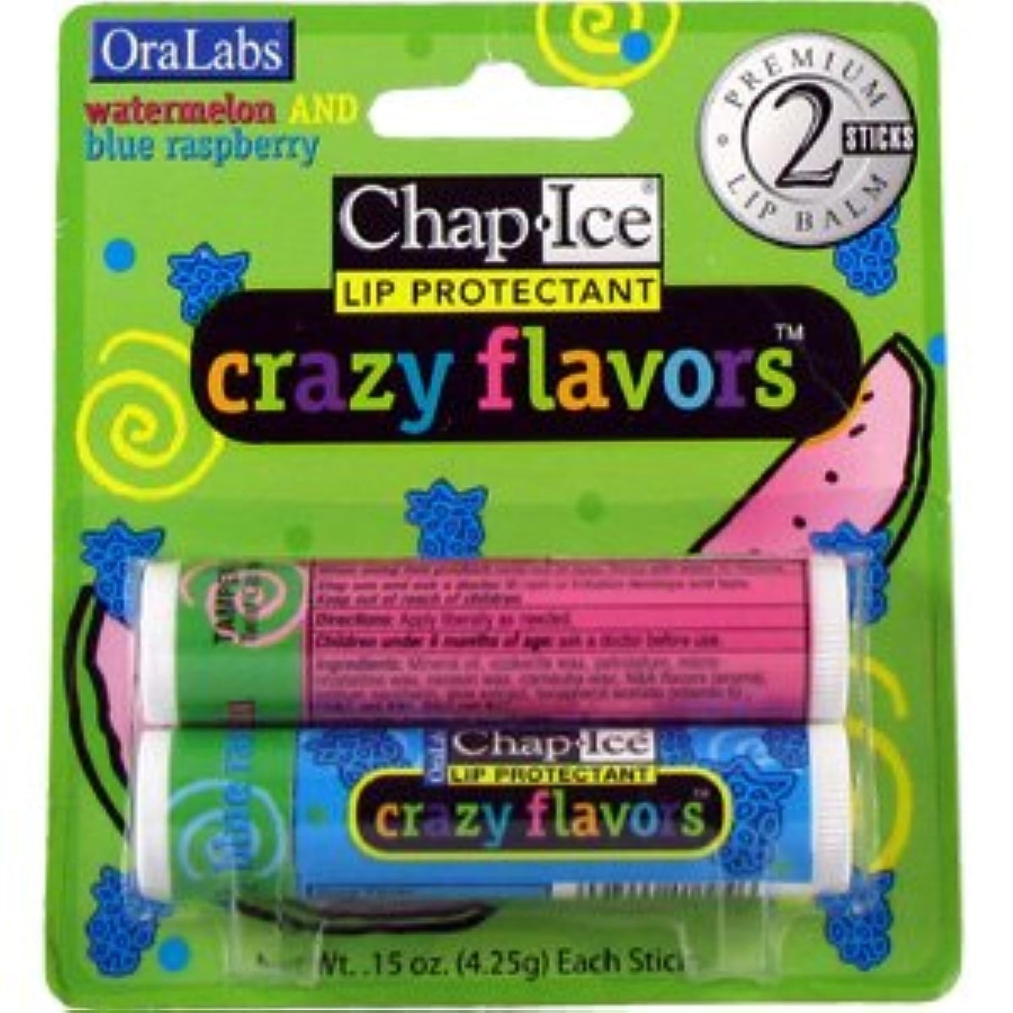 Oralabs ChapIce Crazy Flavors Lip Balm Watermelon and Blue Raspberry 2 Sticks Beauty & Personal Care OraLabs