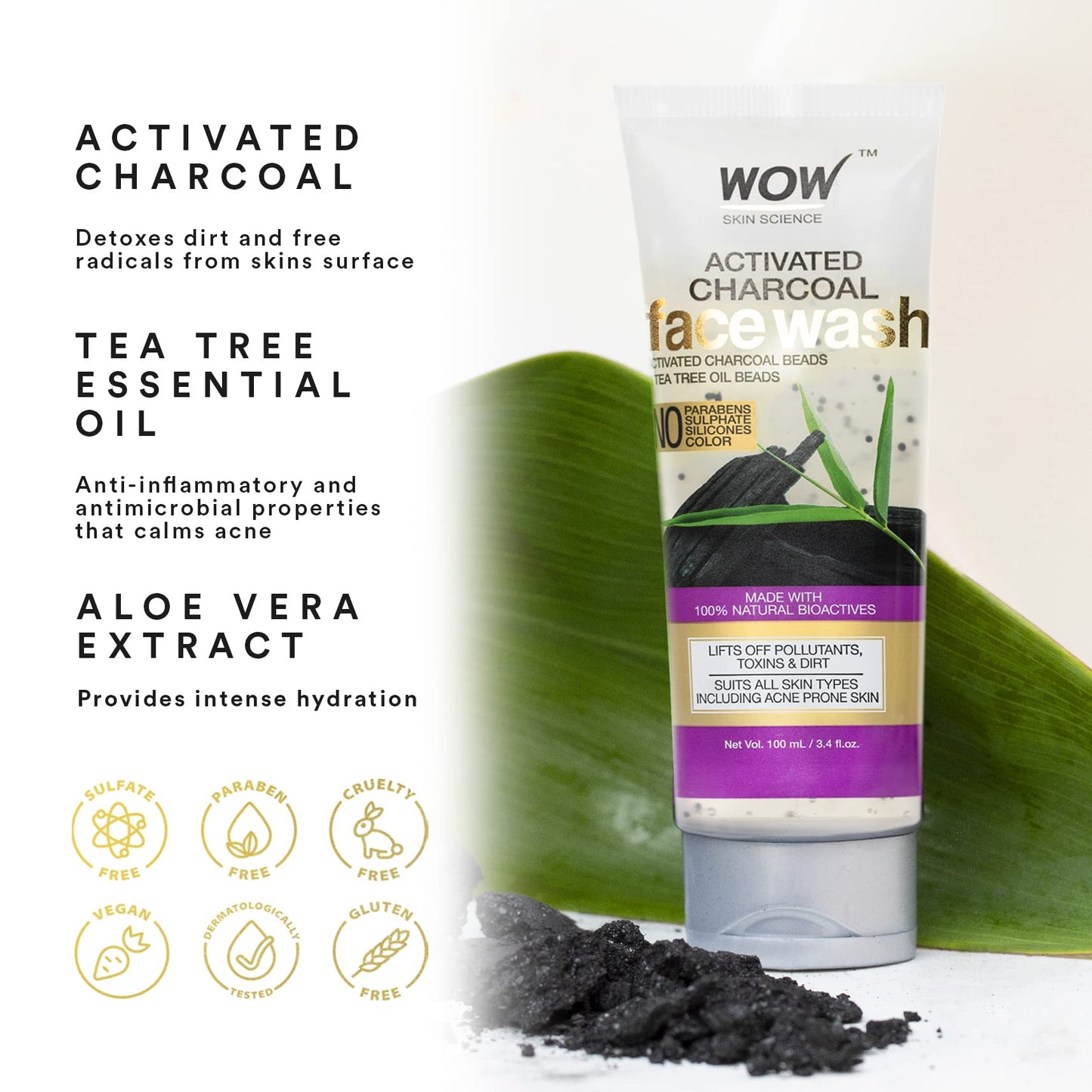 WOW Skin Science Activated Charcoal Face Wash - Deep Cleanser For Normal, Dry, Oily Skin & Acne Pore Minimizer, Men, Women - Daily Facial Wash Beauty & Personal Care WOW Skin Science