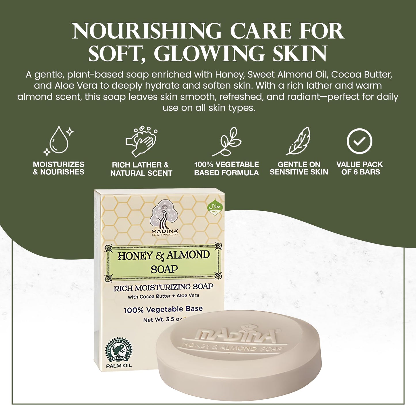 Madina Honey & Almond Soap Bar - Moisturizing, Nourishing, Sweet Almond Oil, Honey, Cocoa Butter, Aloe Vera, 100% Vegetable-Based, Halal Certified, 6 Beauty & Personal Care Madina