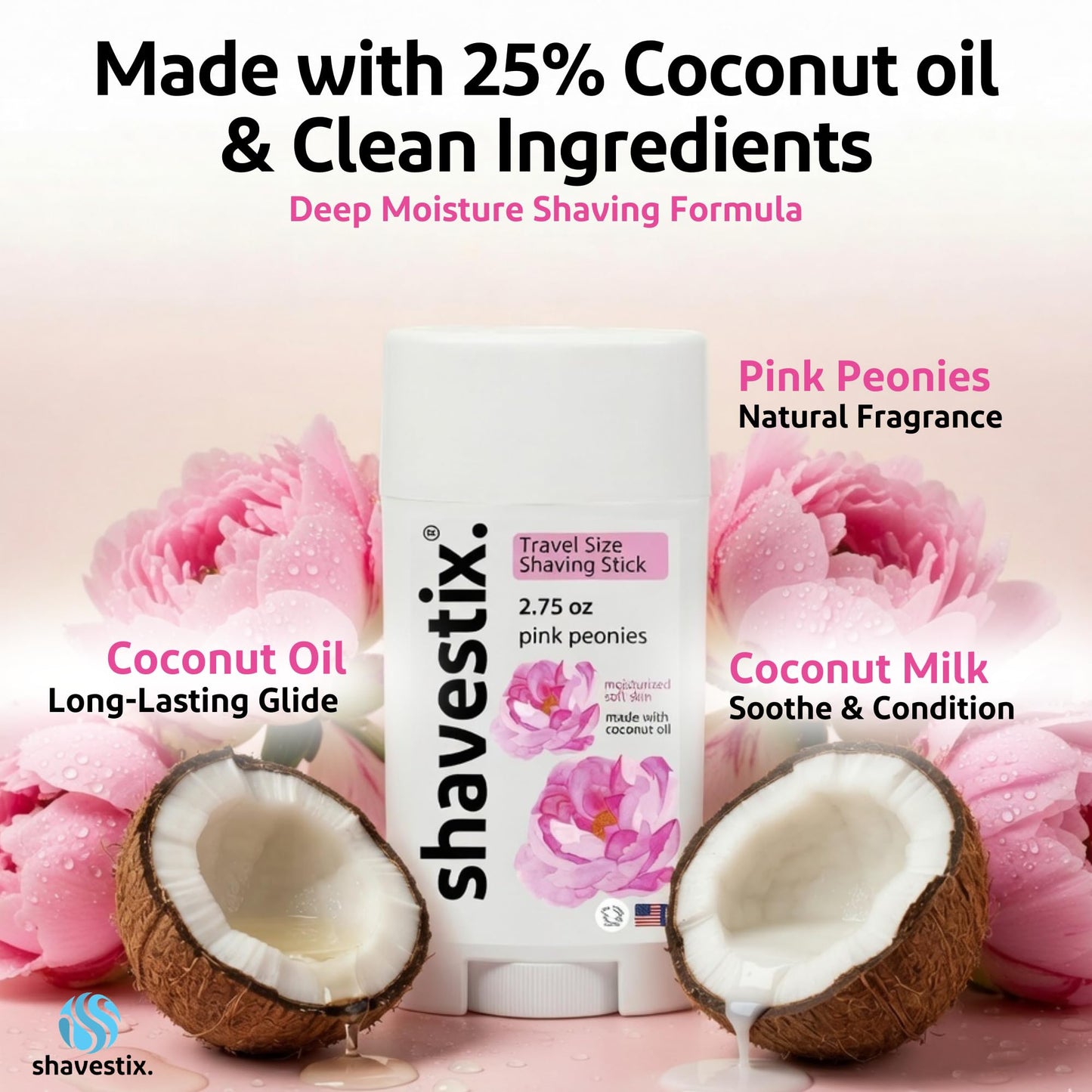 Shavestix Travel Size Shaving Stick 2.75 Oz - Pink Peonies Scented Shave Gel Bar - Moisturizing Hair Removal Cream for Women & Men - Compact Shave Beauty and Personal Care Shavestix.
