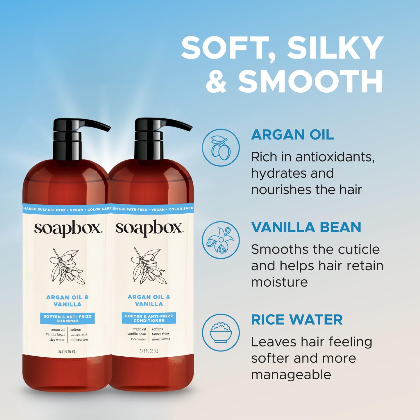 Soapbox Argan Oil & Vanilla Shampoo & Conditioner Set, Leaves Hair Smooth & Controls Frizz - Clean Ingredients Free of Harsh Chemicals, Sulfates Beauty & Personal Care Soapbox