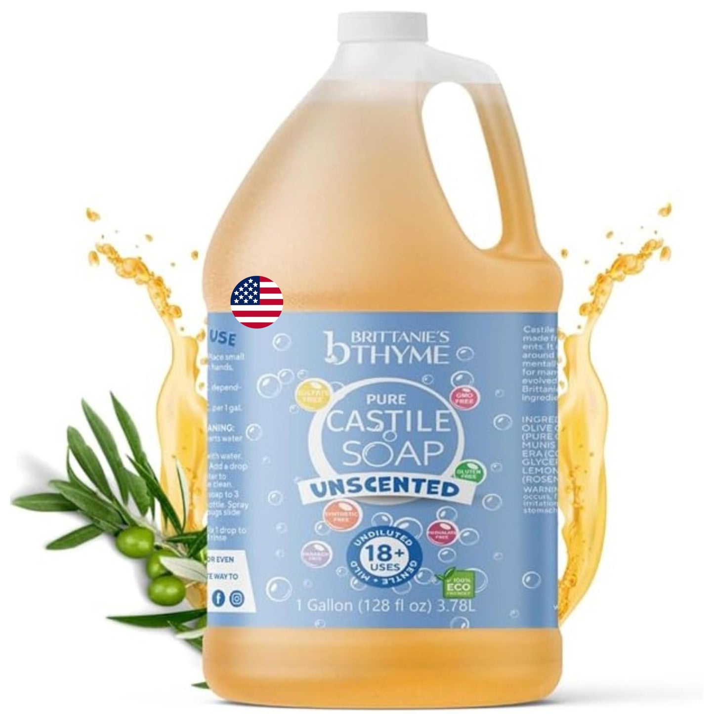 Brittanie's Pure Organic Castile Liquid Olive Oil Soap Refill, 1 Gallon Unscented | Face, Body Wash, All Purpose Cleaner, Dishes, Pets, Laundry | Beauty & Personal Care Brittanie's Thyme