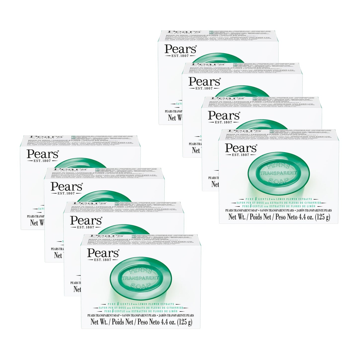 Pears Pure and Gentle with Glycerin and Lemon Flower Extracts - Transparent Soap Bar for Radiant Skin - Bar Soap for Women and Men - Green - 8 pc Beauty & Personal Care Pears