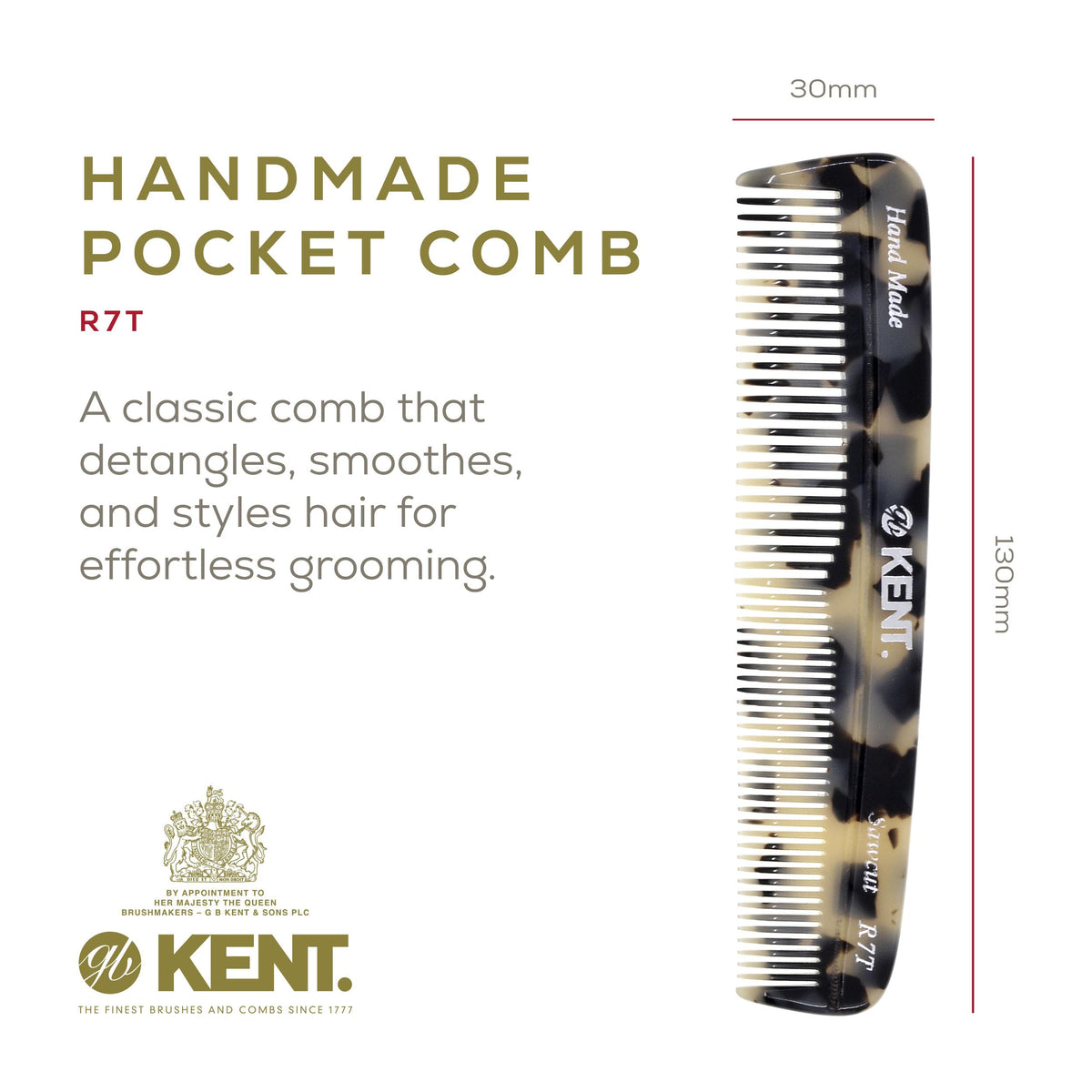 Kent R7T TW Fine and Wide Tooth Hair Comb, Handmade Pocket Comb for Men, Beard and Mustache Combs for Everyday Grooming and Styling, Sawcut Kent
