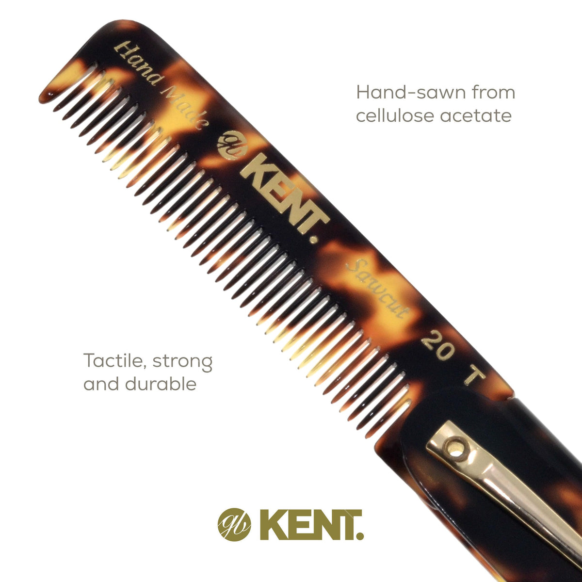 Kent 20T TY Handmade Folding Pocket Comb for Men, Fine Tooth Hair Comb Straightener for Everyday Grooming Styling Hair, Beard or Mustache, Use Dry or
