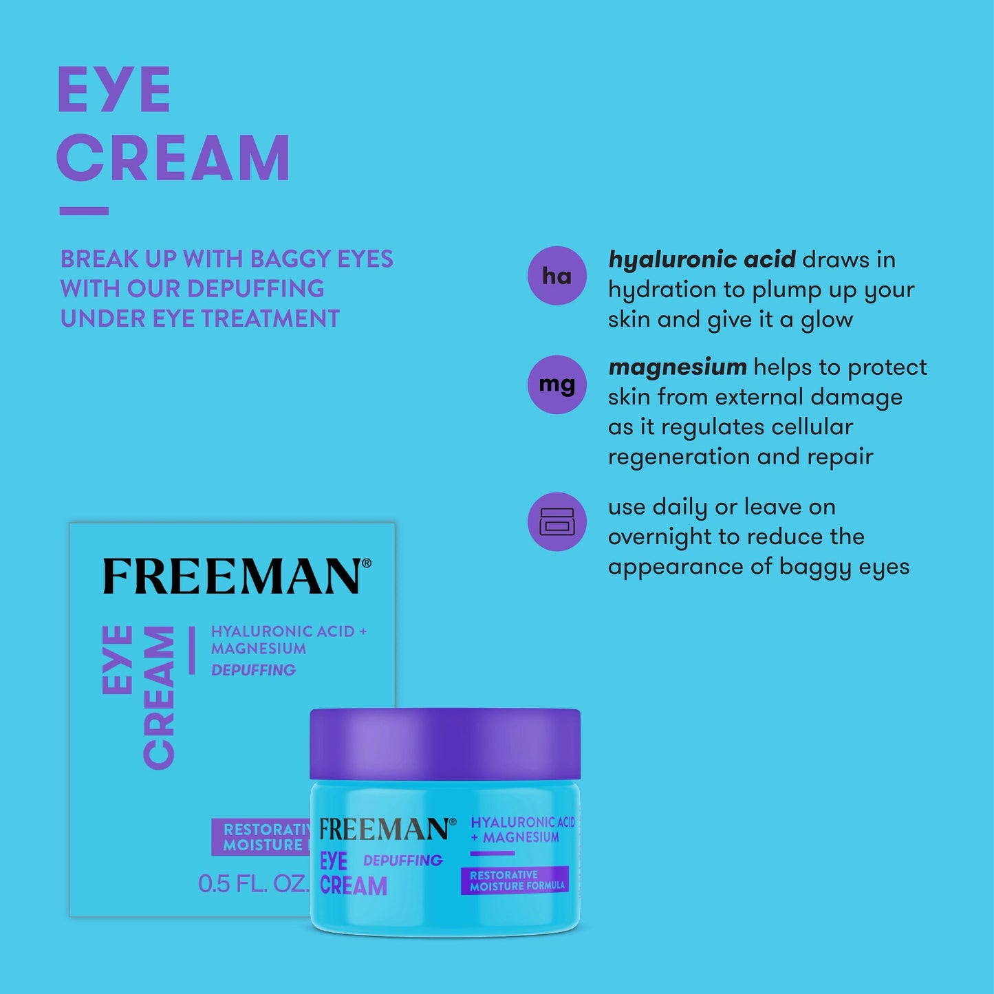 Freeman Eye Cream, Moisturizing Under Eye Cream For Dull & Tired Eyes, Brightens & Depuffs Undereye Skin, Helps Dark Circles, Infused With Magnesium Beauty & Personal Care Freeman