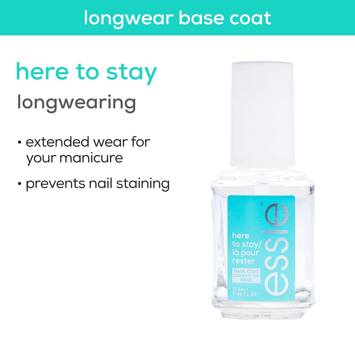 essie salon quality nail care, vegan formula, clear base coat, Here To Stay, 0.46 fl oz