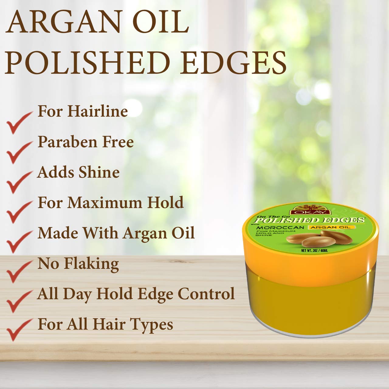 OKAY Polished Edges With Argan Oil No Flaking All Day Hold Edge Control For Hairline Sideburns Silicone,Paraben Free For All Hair Types and Textures Beauty & Personal Care OKAY
