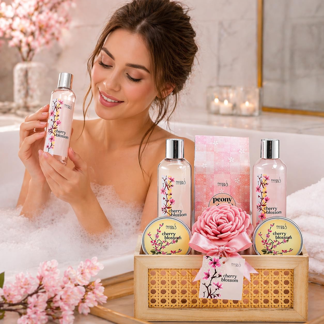 Cherry Blossom Spa Gift Basket for Women - Luxury Bath & Body Gift Set with Shower Gel, Bubble Bath, Body Scrub, Lotion & Bath Salts - Mother’s Day Beauty and Personal Care Freida and Joe