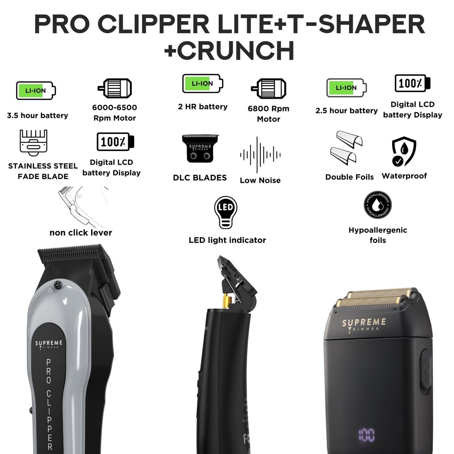 Supreme Trimmer 3-in-1 Barber Bundle - Pro Clipper Lite, DLC T-Shaper Trimmer & Crunch Foil Shaver - Professional Beard Trimmer Men’s Hair Clipper Kit Beauty and Personal Care Supreme Trimmer
