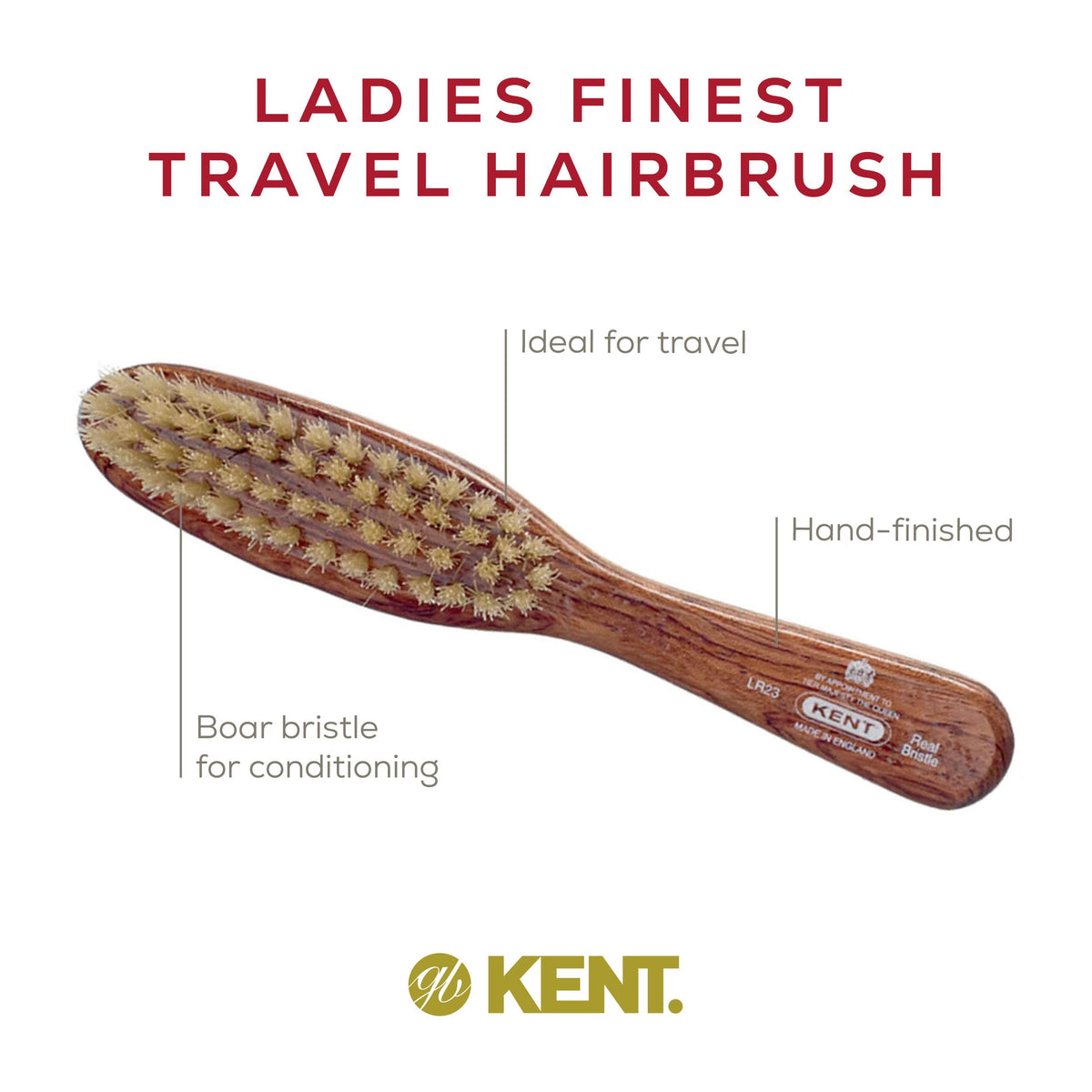 Kent LR23 Finest Ladies Narrow Style, Danta Wood, Pure White Bristle Hair Brush - Short to Medium Length Hair, Handbag Sized, Made in England