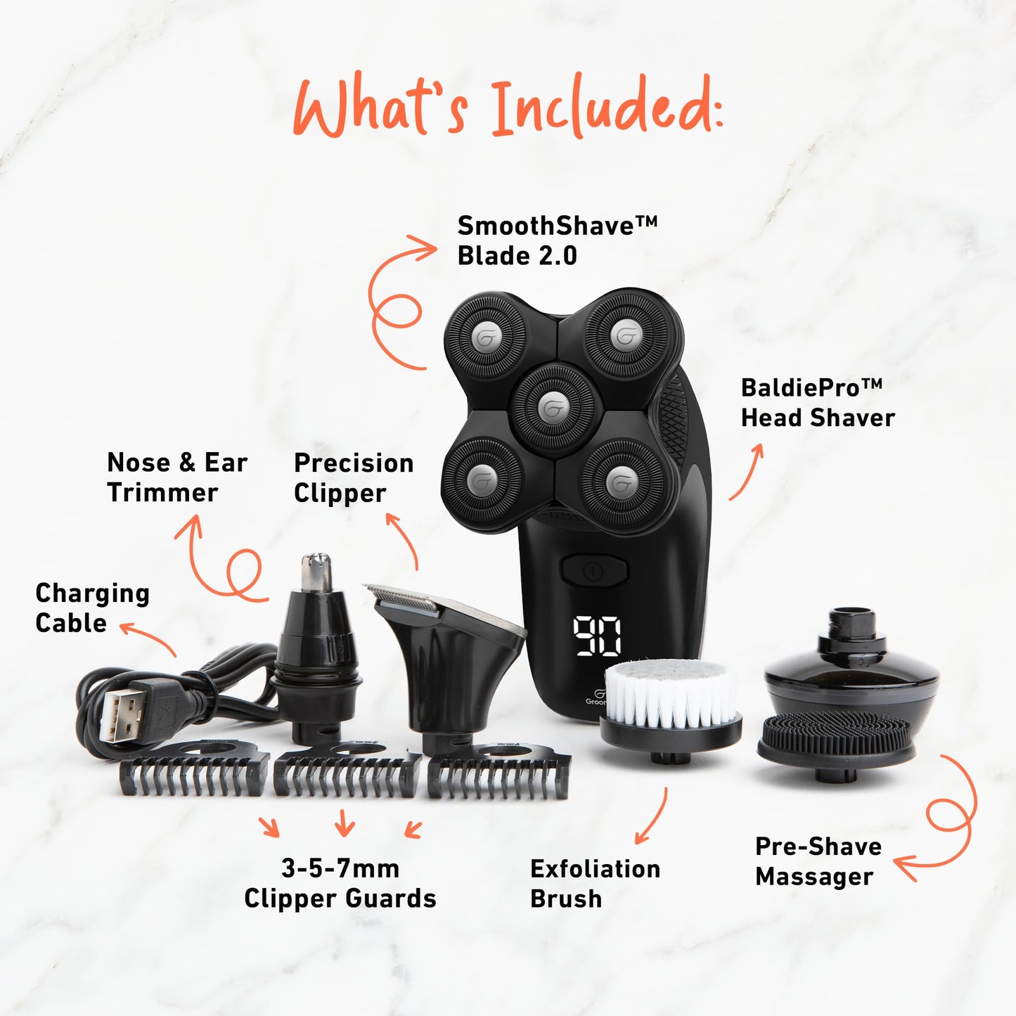Groomie Cordless Bald Head Shavers for Men, BaldiePro Head Grooming Kit - Ergonomic & Waterproof Head Shavers for Bald Men - Electric Hair Shaver Beauty and Personal Care Groomie