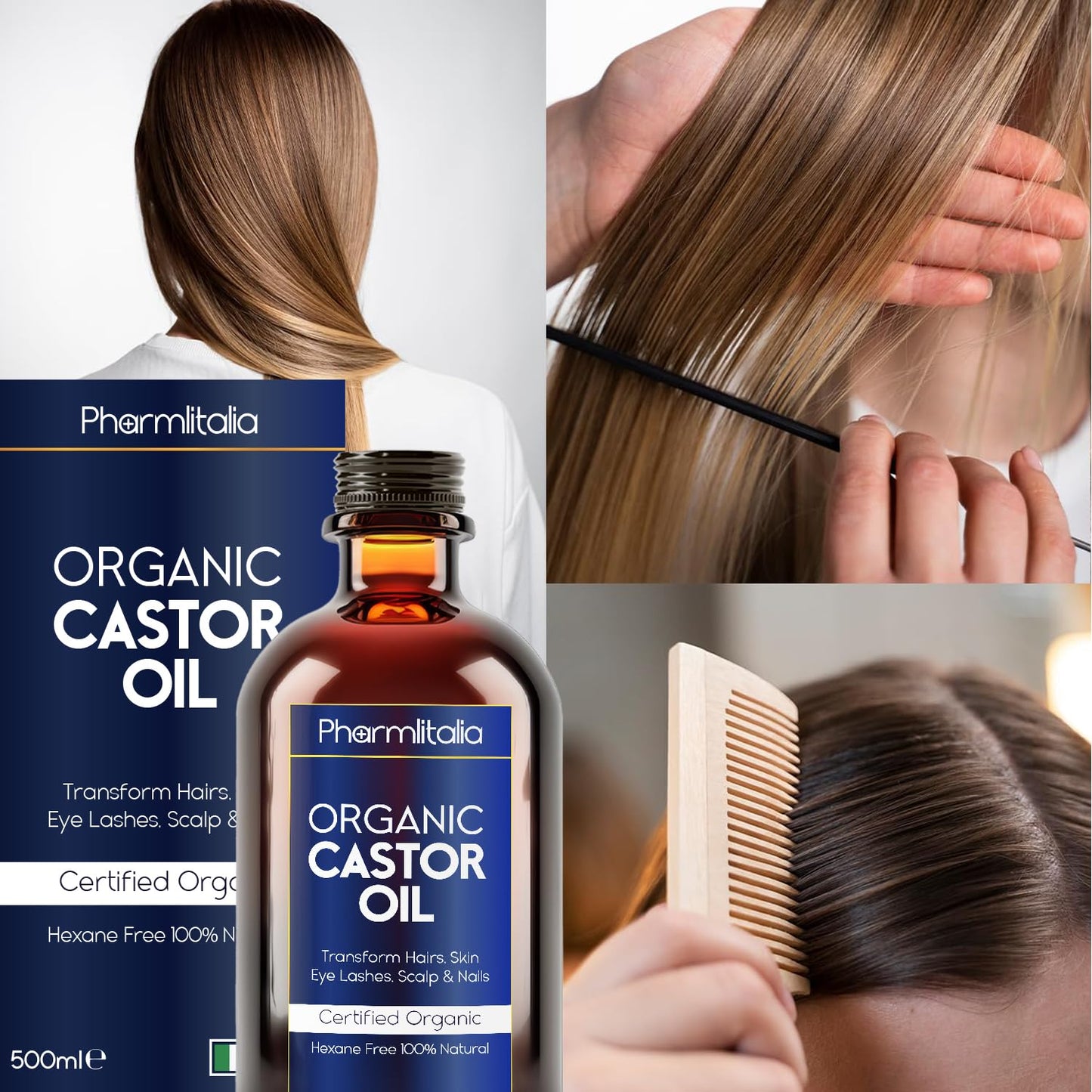 Pharmlitalia Caster Oil Organic Cold Pressed Unrefined Glass Bottle - Organic Golden Castor Oil for Face, Scalp, Eyelashes, Skin Care and Nails Beauty & Personal Care Pharmlitalia