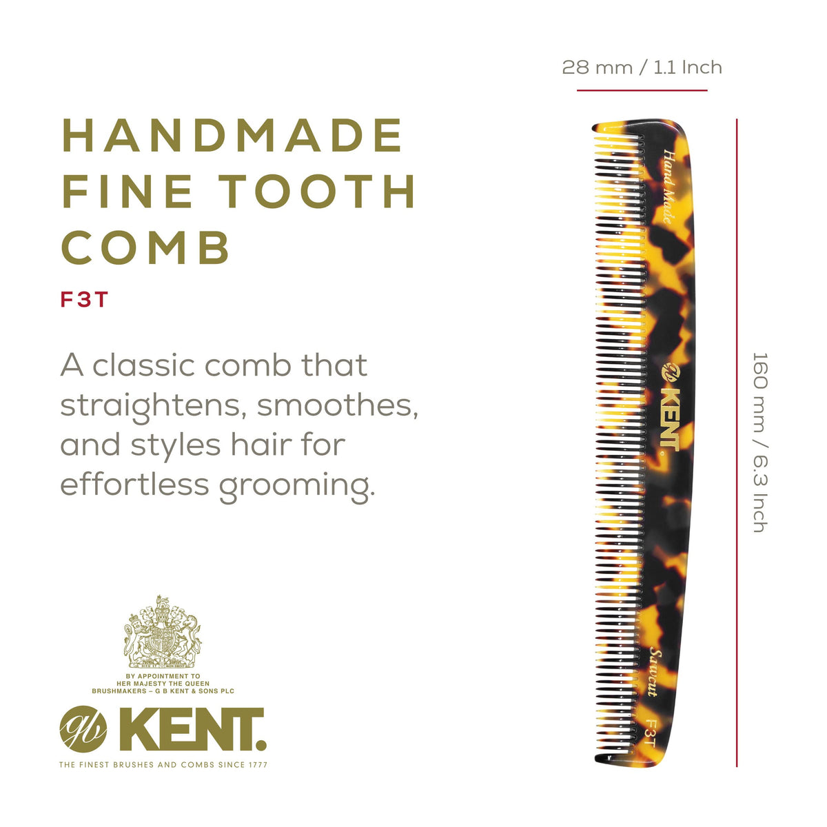 Kent F3TY Fine Tooth Comb for Hair Care, Parting Comb Combs for Men and Combs for Women, Dandruff Hair Comb, Kent Mens Combs for Hair Fine Teeth Comb