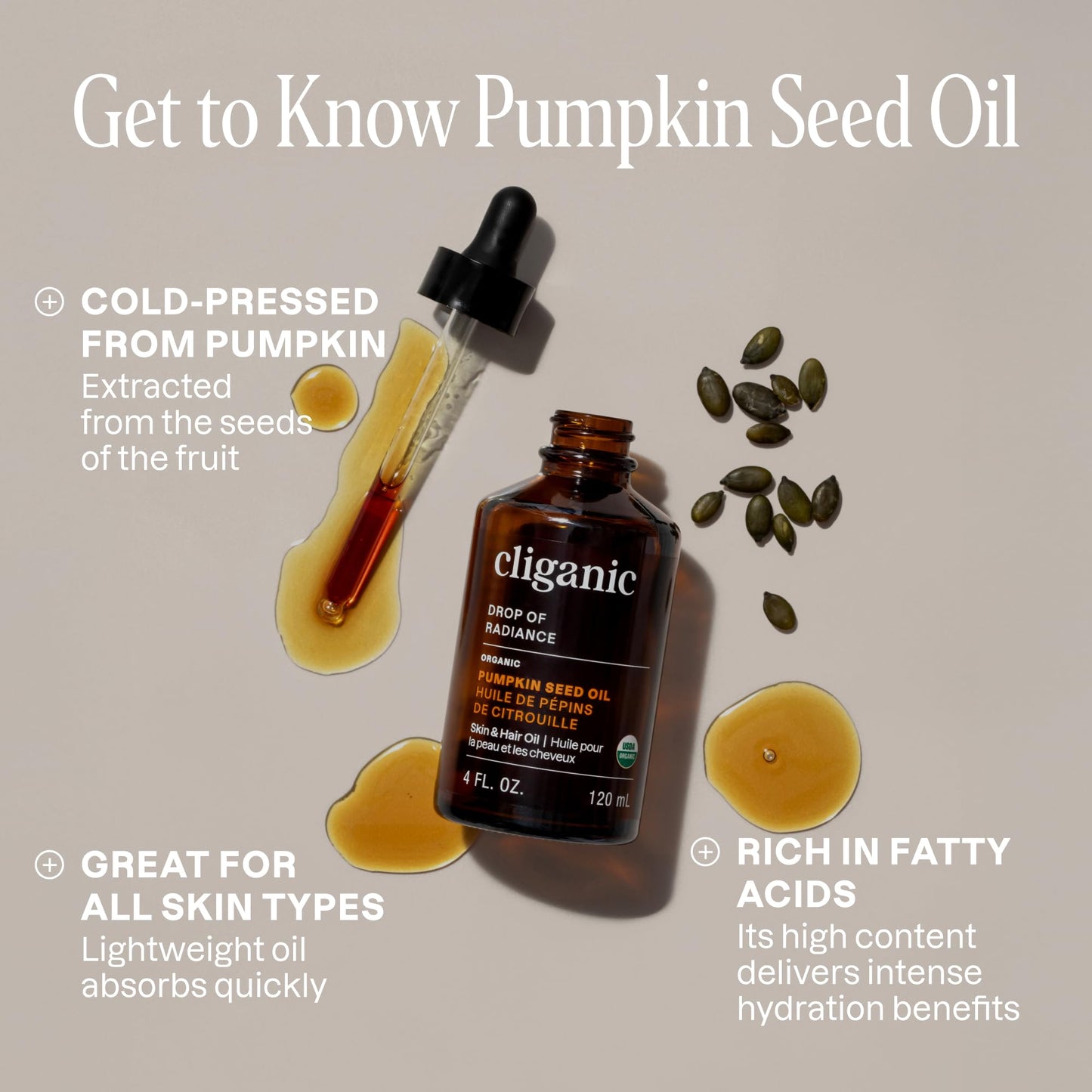 Cliganic Organic Cold Pressed Pumpkin Seed Oil, 100% Pure - For Hair & Face | Natural Unrefined Beauty and Personal Care Cliganic