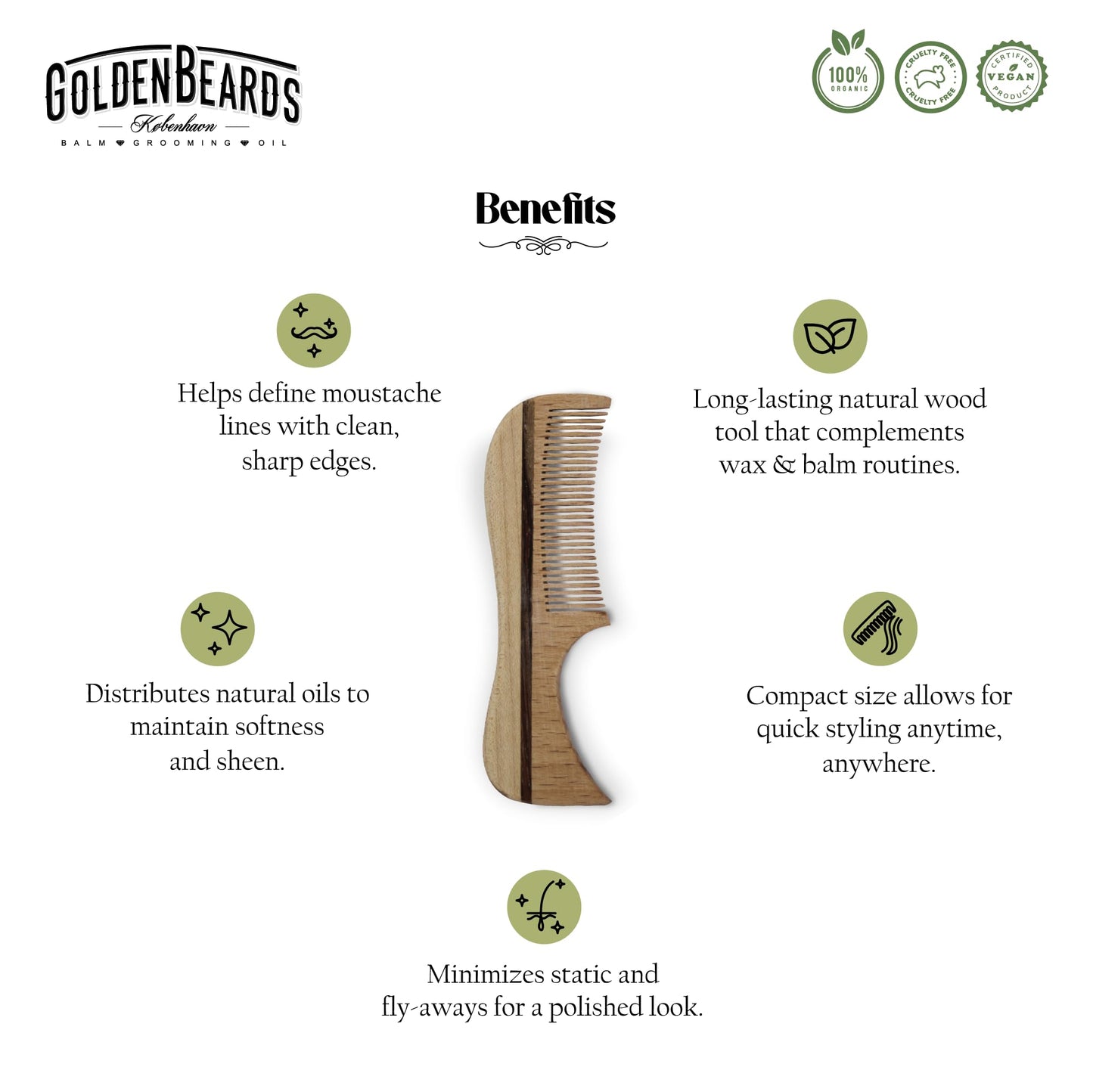 Eco Wood Moustache Comb 2.5 in - Fine Tooth Beechwood Comb for Shaping, Styling & Detangling Mustache - Eco-Friendly, Handmade, Static-Free (3.7") Beauty and Personal Care Golden Beards Kobenhavn BALM GROOMING OIL