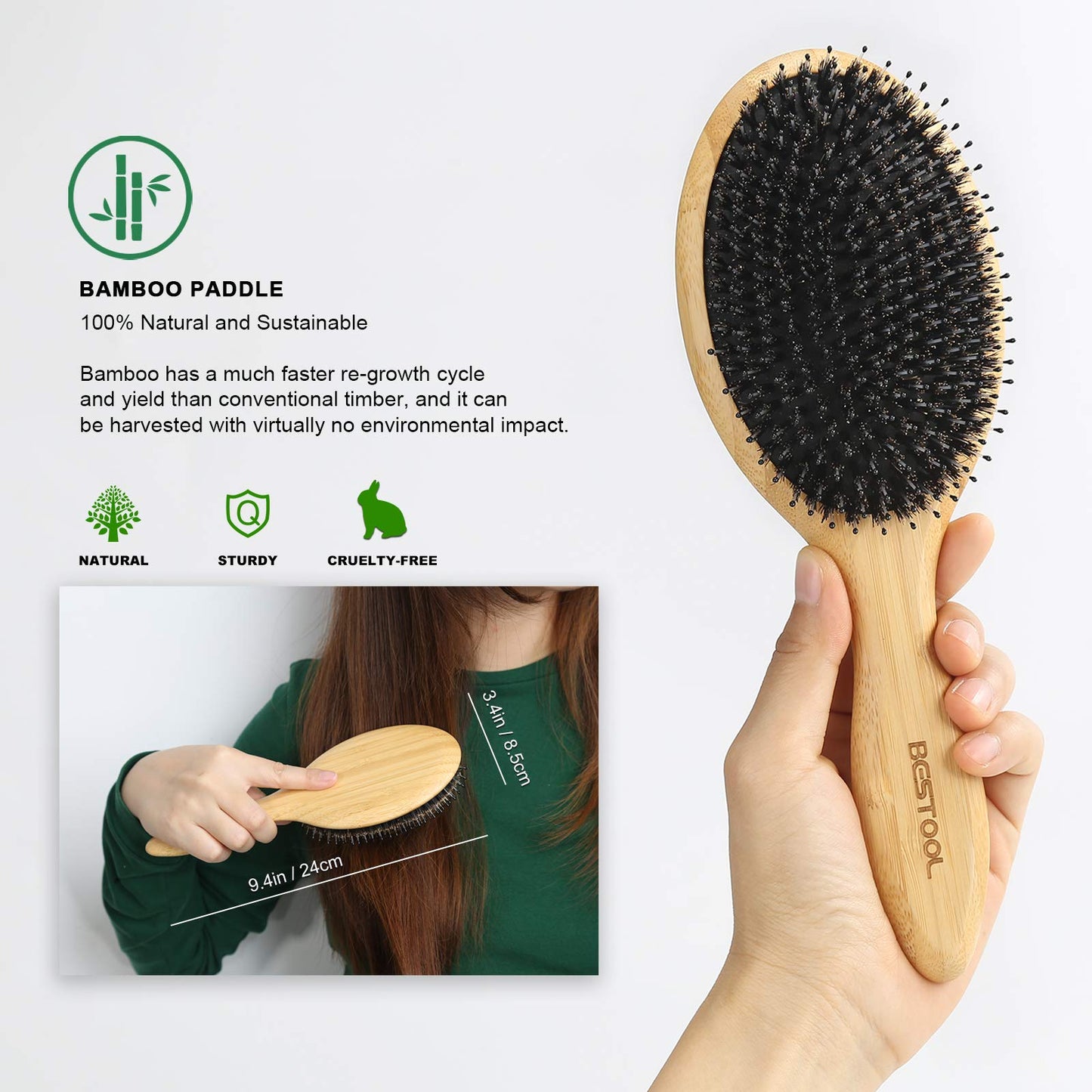 BESTOOL Hair Brush-Boar Bristle Hair Brushes Natural Bamboo Wooden Cushion Massage Anti Static Large Paddle Hairbrush for Women Men and Kid (Round) Beauty & Personal Care BESTOOL