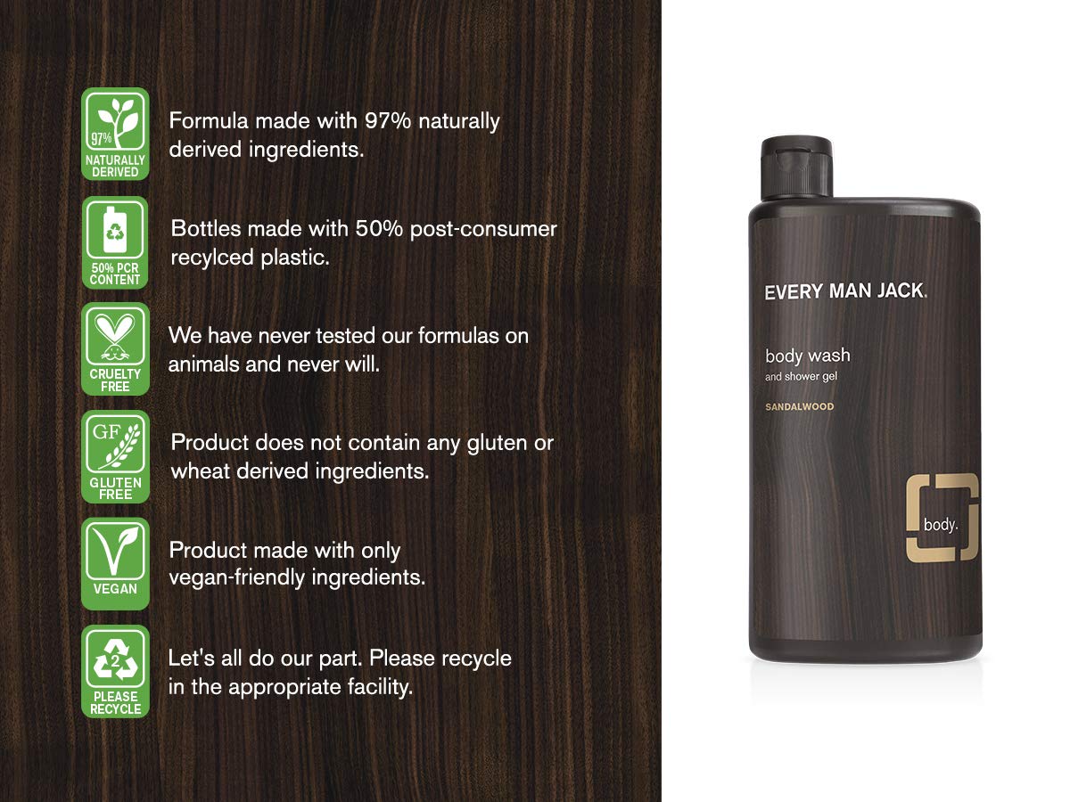 Every Man Jack Men's Body Wash Twin Pack - Sandalwood | 16.9-ounce - 2 Bottles Included | Naturally Derived, Parabens-free, Dye-free, and Certified Beauty & Personal Care Every Man Jack