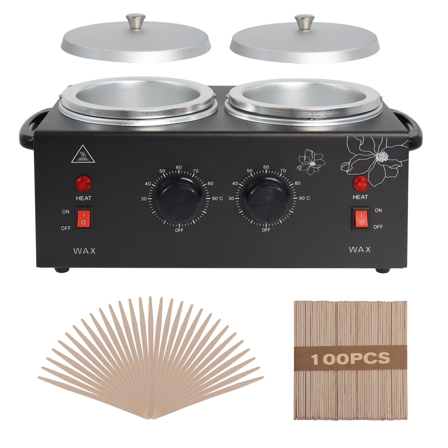 Wax Warmer Double Pot, Professional Electric Heater for Facial, Body, Spa, and Salon, 1.2L Dual Adjustable Temperature with 100 Wooden Craft Sticks Beauty and Personal Care Podoy