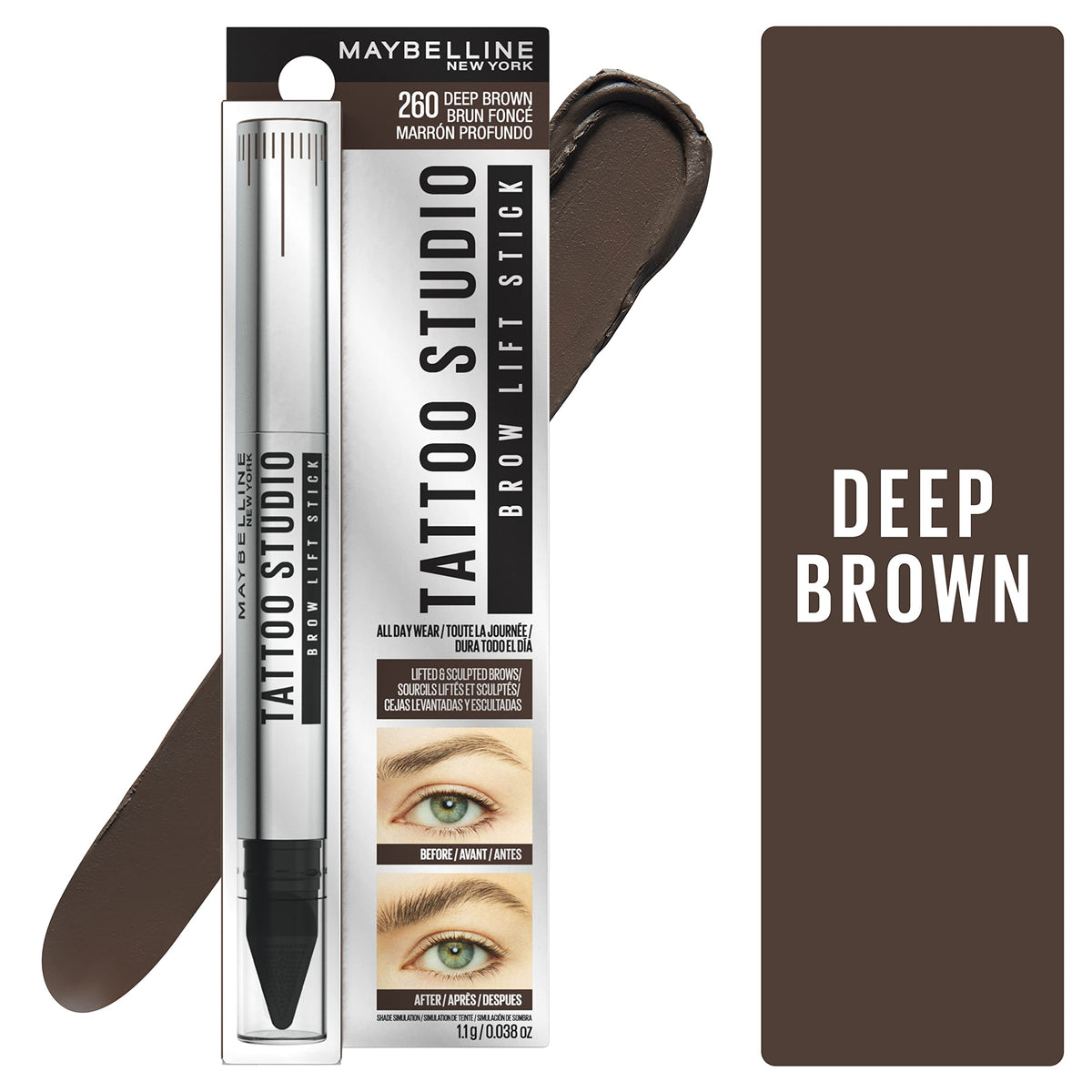 Maybelline TattooStudio Brow Lift Stick Makeup with Tinted Wax Conditioning Complex, Deep Brown, 1 Count