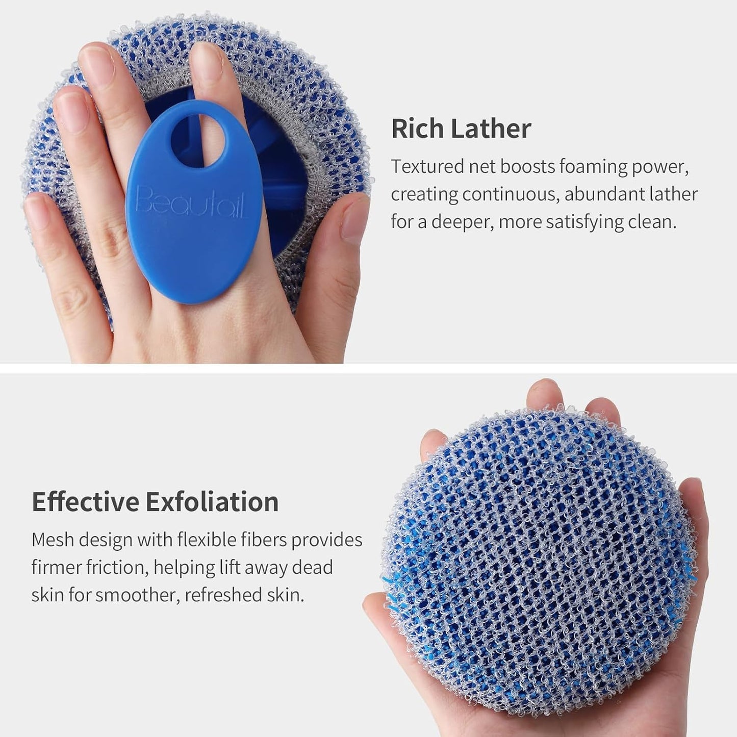 Silicone Body Scrubber with Scrub Net, BEAUTAIL 2 Pack - Rich Foam and Exfoliation with Gentle Brush or Firmer Net Options - Hygienic, Durable, Easy Beauty and Personal Care BEAUTAIL