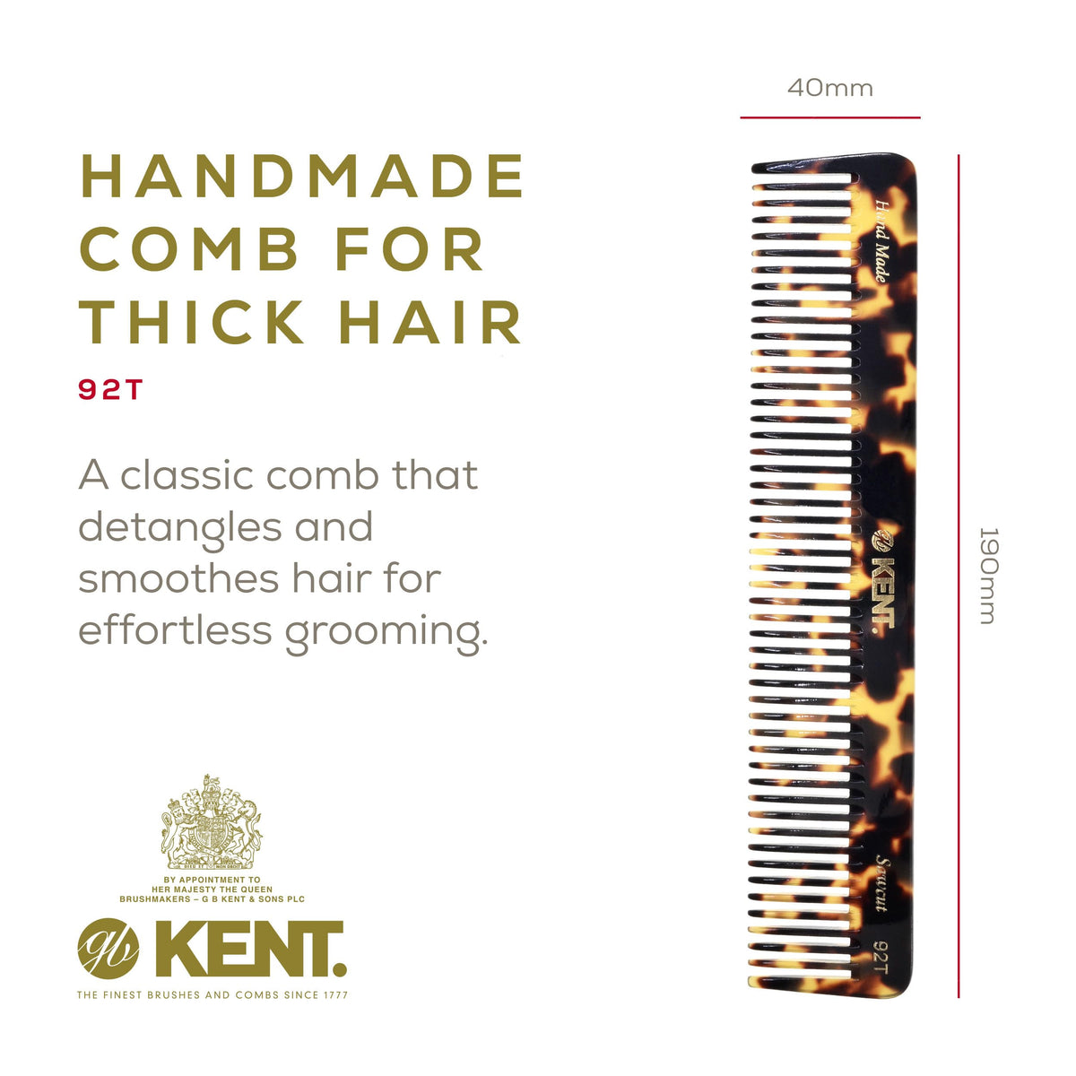 Kent 92T TY Wide Tooth Women’s Detangler Comb for Curly, Wavy, and Thick Hair - Ideal for Use on Wet Hair - Gentle, Shower Comb for - Anti-Static,