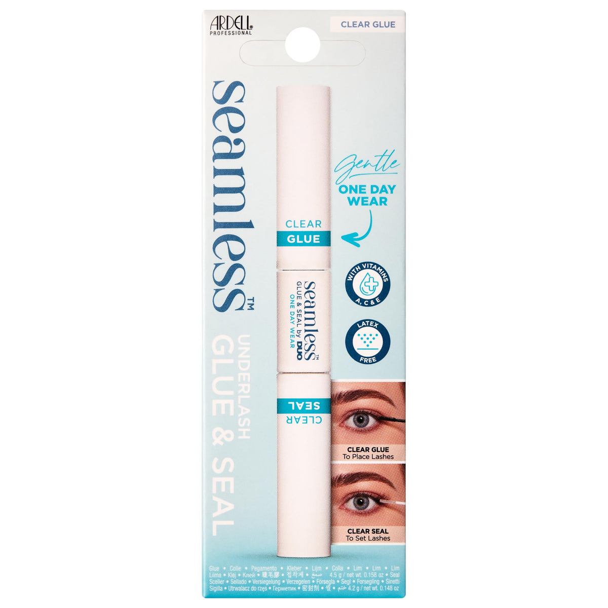 Ardell Seamless Under Lash Cluster Glue & Seal - Clear, Eyelash Glue for Clusters, Long Lasting Hold Eyelash Adhesive with Vitamins A, C, E, 4.2 g, 1