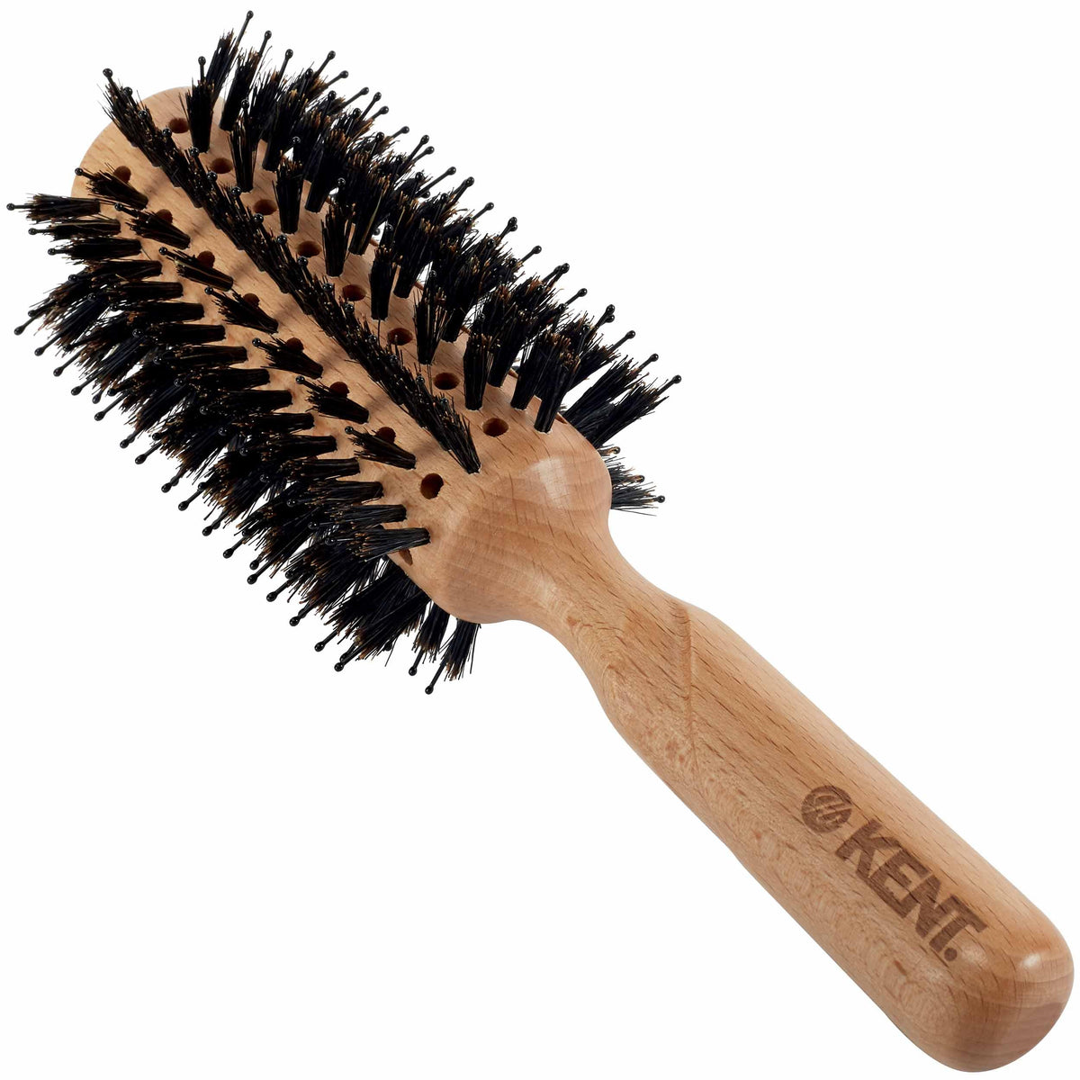 Kent LPF5 Pure Flow Large Vented Round Brush for Blow Drying - FSC Certified Beech Wood Brush Filled with Natural Boar Bristle and Nylon Bristle Hair