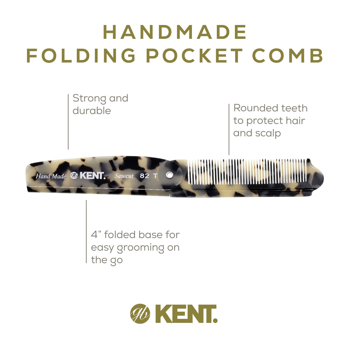 Kent 82T TW Handmade Folding Pocket Comb for Men, Fine Tooth Hair Comb Straightener for Everyday Grooming Styling Hair, Beard or Mustache, Use Dry or