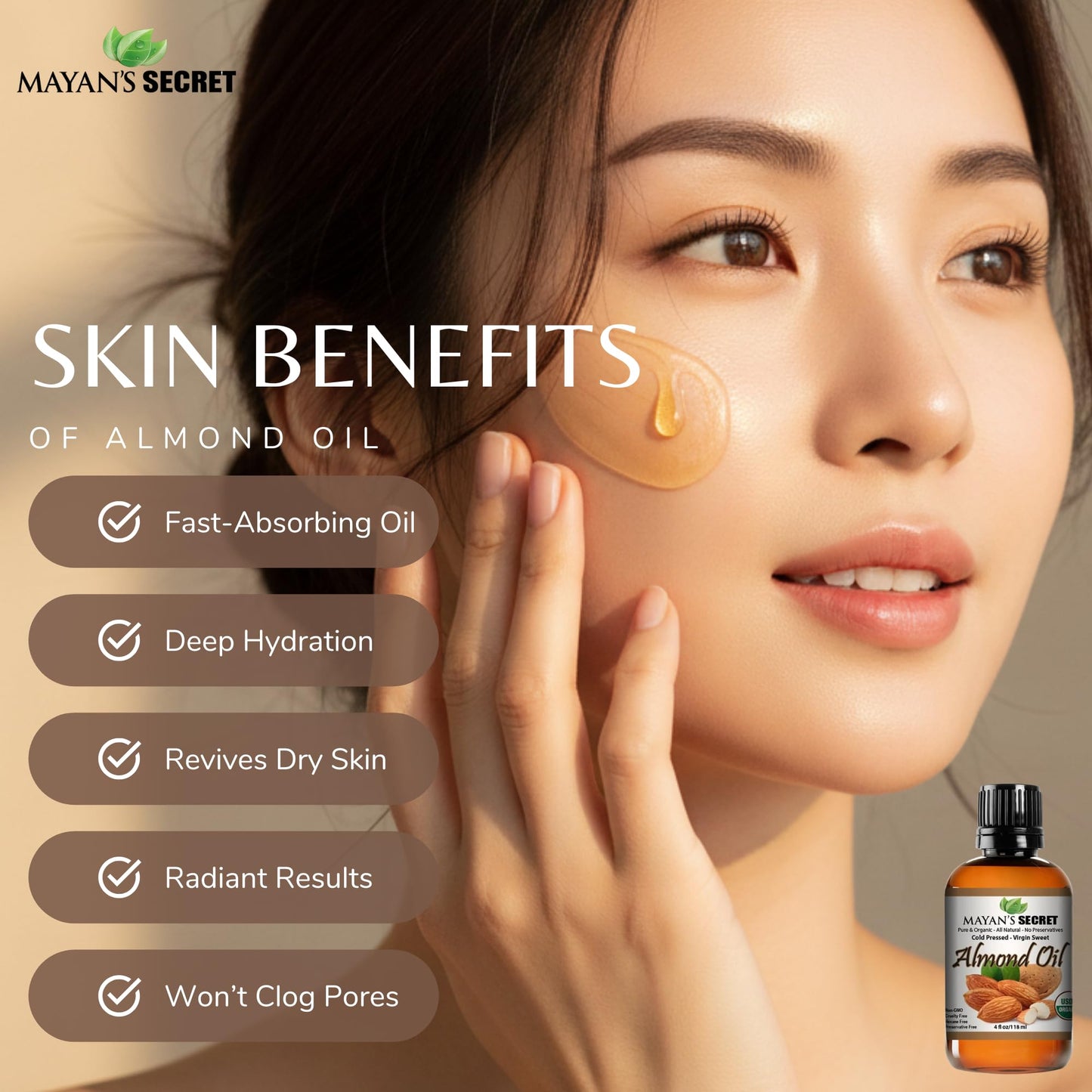 Mayan's Secret - 100% Organic Sweet Almond Oil for Skin Hair, Face - Cold Pressed Pure Almond Essential Oil (4 fl. oz.) Beauty & Personal Care Mayan's Secret