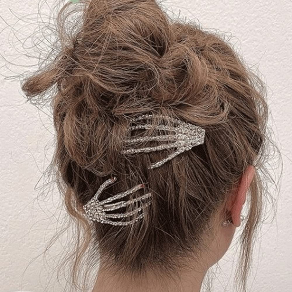 wekicici Skeleton Hand Rhinestone Hair Clip Punk Horror Skull Hairpin for Women and Girls Fashion Gothic Barrette Hair Accessories(2 pcs ), Silver Beauty & Personal Care wekicici