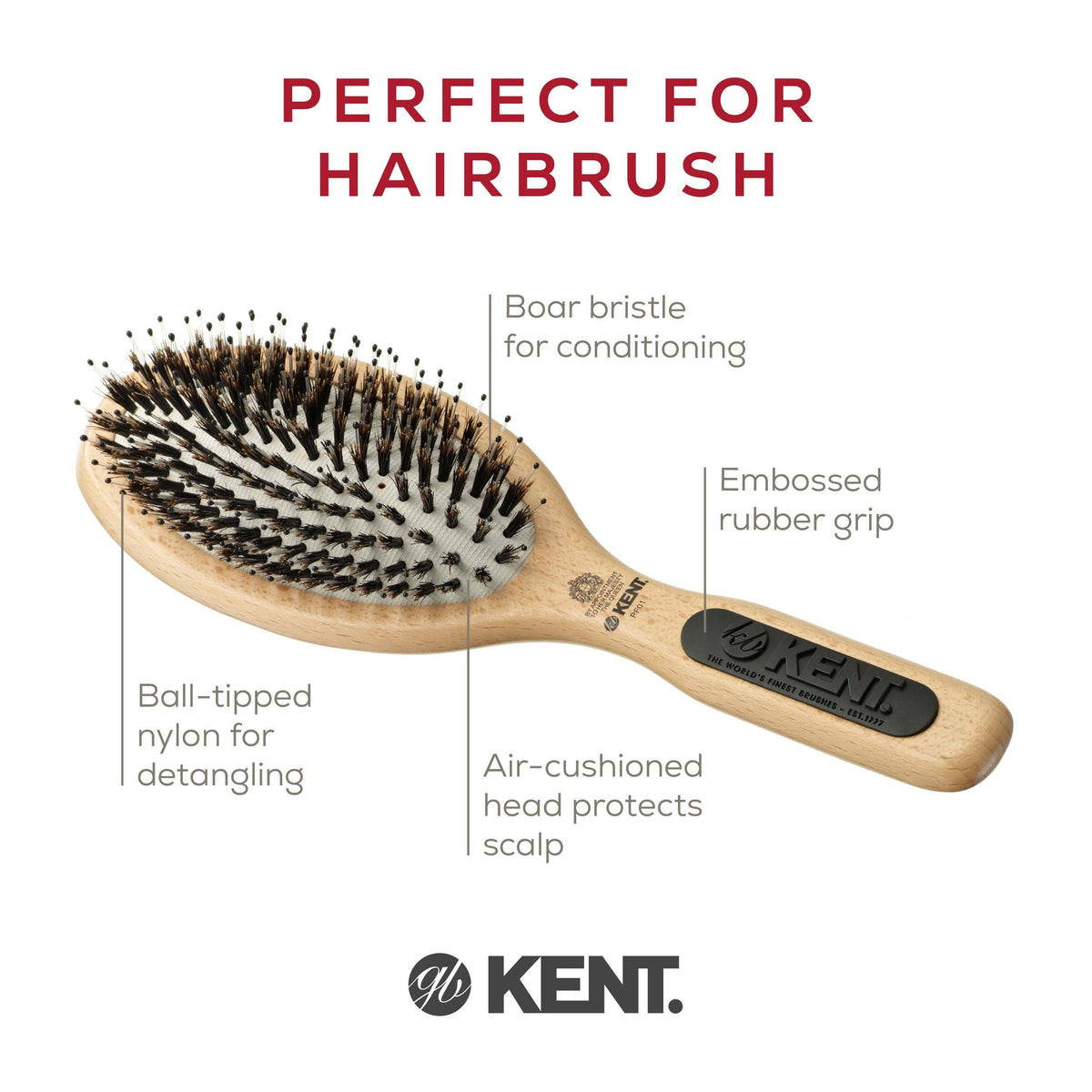 Kent PF01 Large Cushion Detangler Brush, Boar Bristle and Non-Scratch Nylon Mix Hairbrush for Straightening Smoothing. Oval Wood Paddle Detangling