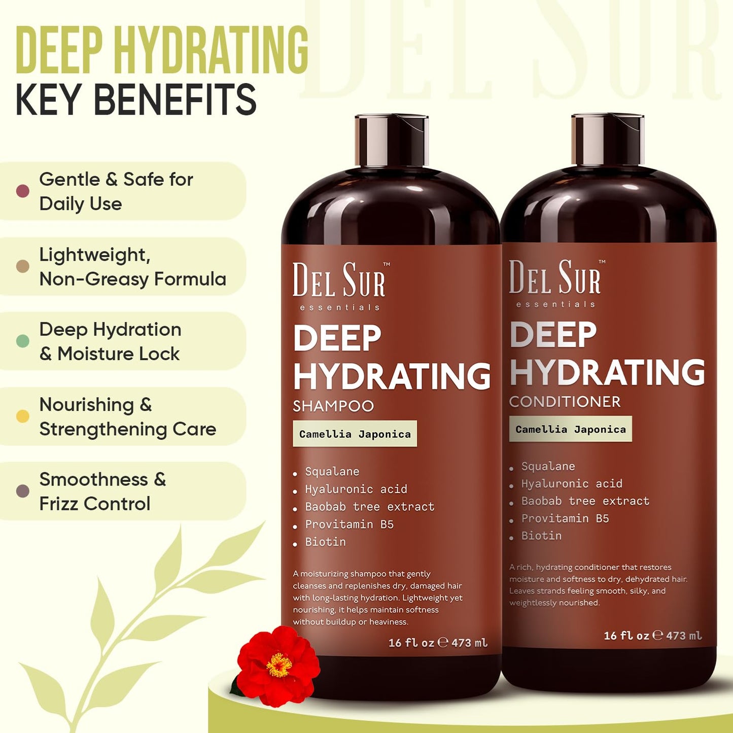 DEL SUR Hydrating Shampoo and Conditioner Set | 16 fl oz Each | with Camellia Japonica, Squalane, Hyaluronic Acid, Baobab Extract & Biotin | Deep Beauty & Personal Care DEL SUR