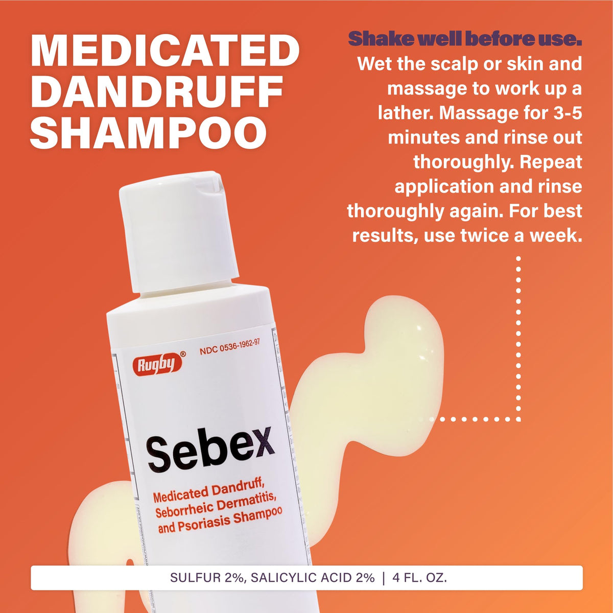 Rugby Sebex Medicated Shampoo, 2% Sulfur & Salicylic Acid, 4 Oz