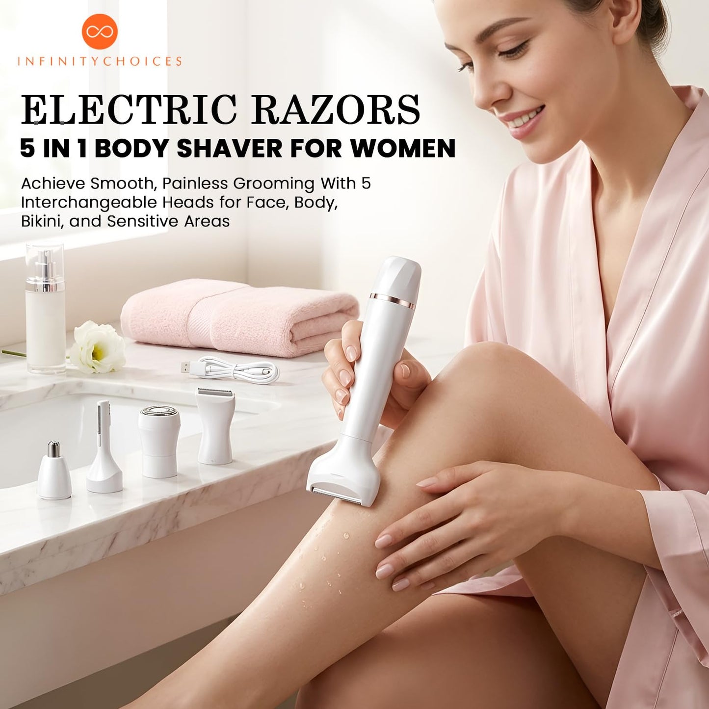 Electric Razors for Women, Bikini Trimmer for Women 5 in 1 Body Shaver for Nose Hair Face Eyebrow Arms Legs Armpit Underarm Pubic Area, Replaceable Beauty and Personal Care Infinity Choices