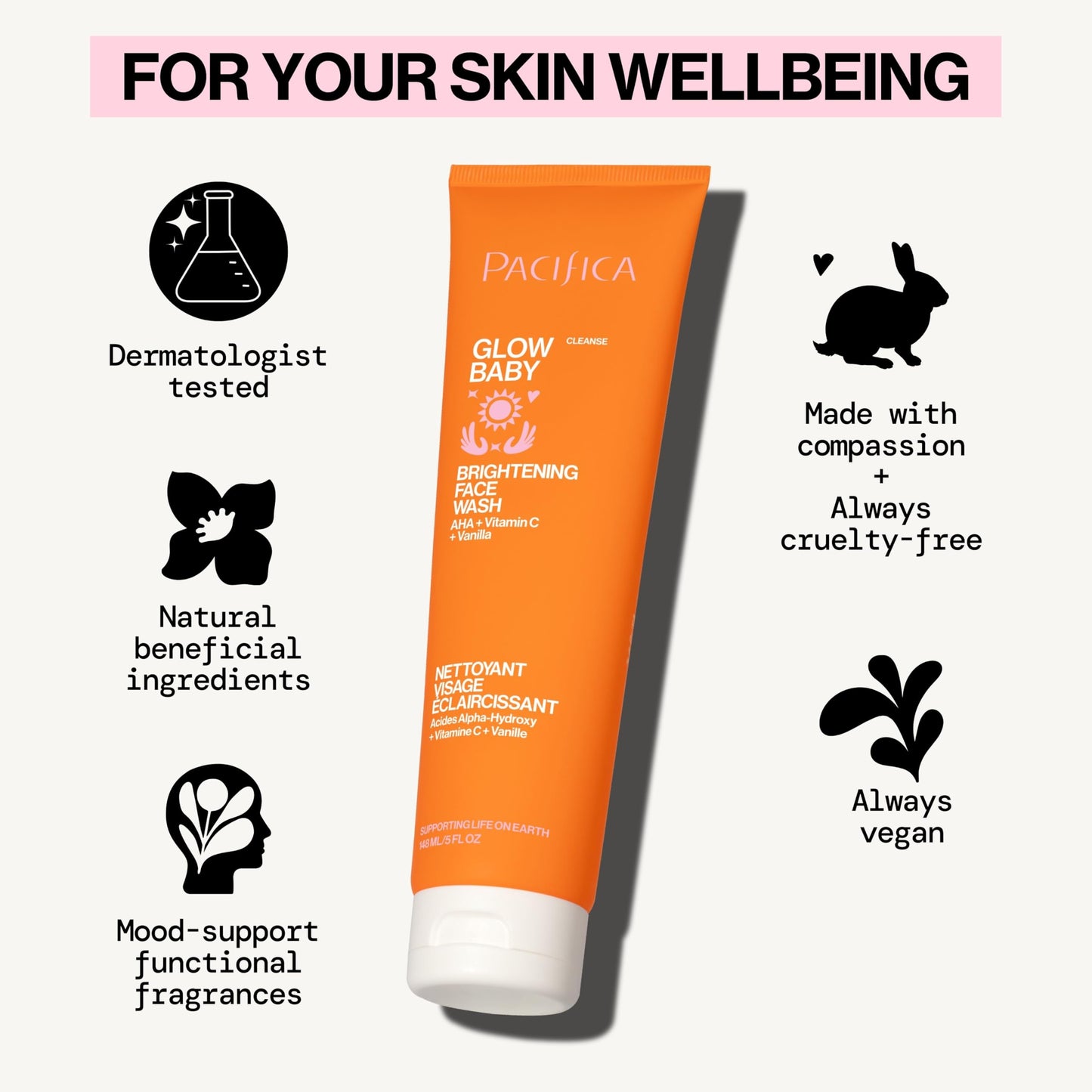 Pacifica Glow Baby Brightening Facial Cleanser 5oz - Vitamin C & Glycolic Acid (AHA) Face Wash for Radiance - Daily Cleanser for Anti-Aging Beauty & Personal Care Pacifica