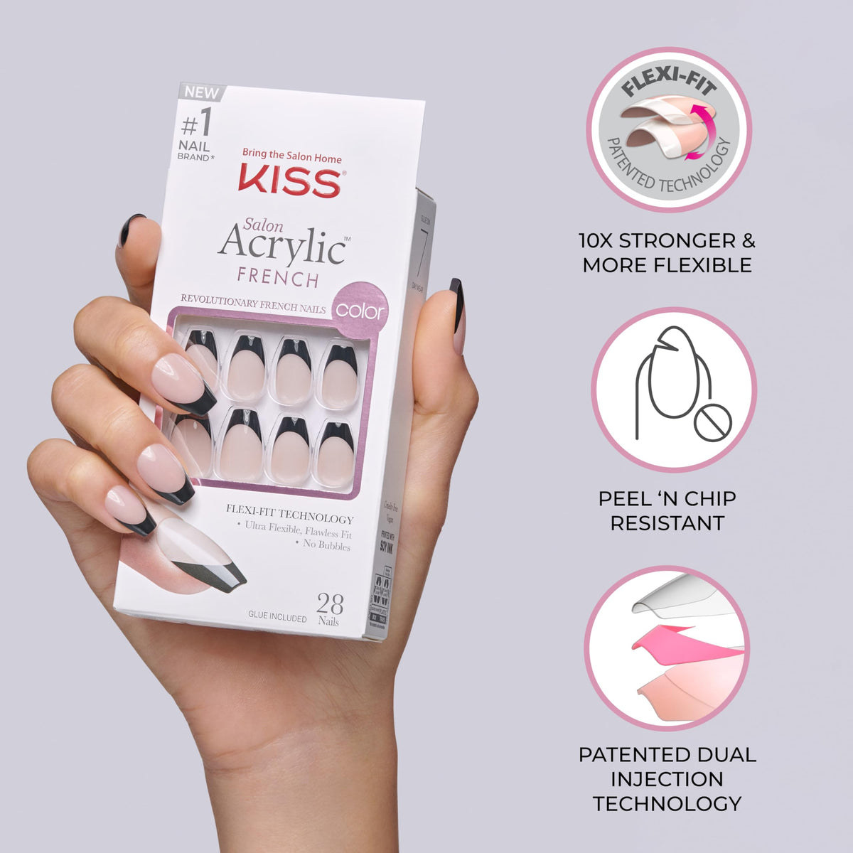 KISS Salon Acrylic, Press On Nails, Nail glue included, 'Flame', Black, Short Size, Coffin Shape, Includes 28 Nails, 2g glue, 1 Manicure Stick, 1 Mini