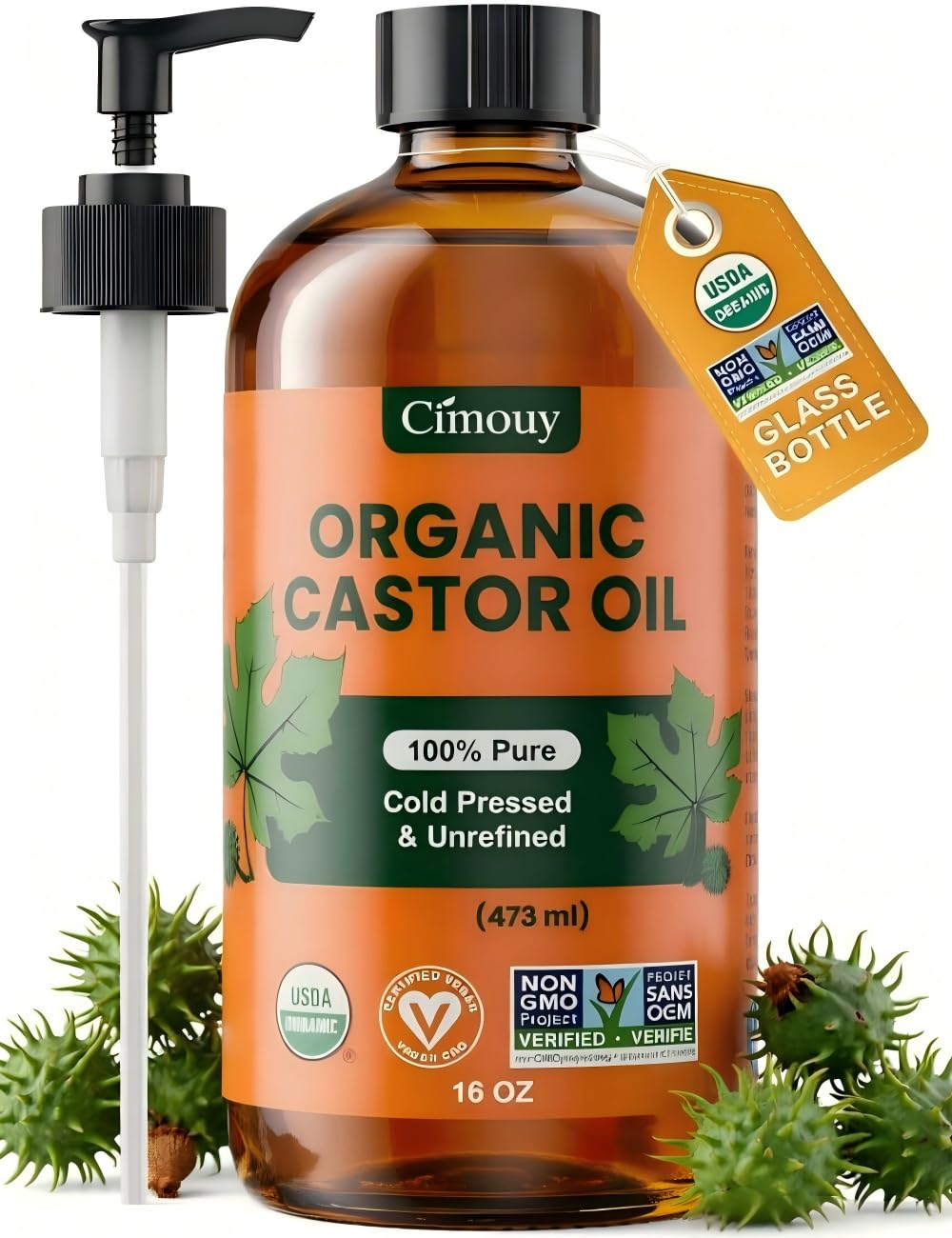 Cimouy USDA Organic Castor Oil Glass Bottle 16oz,100%Pure,Vegan,Hexane Free