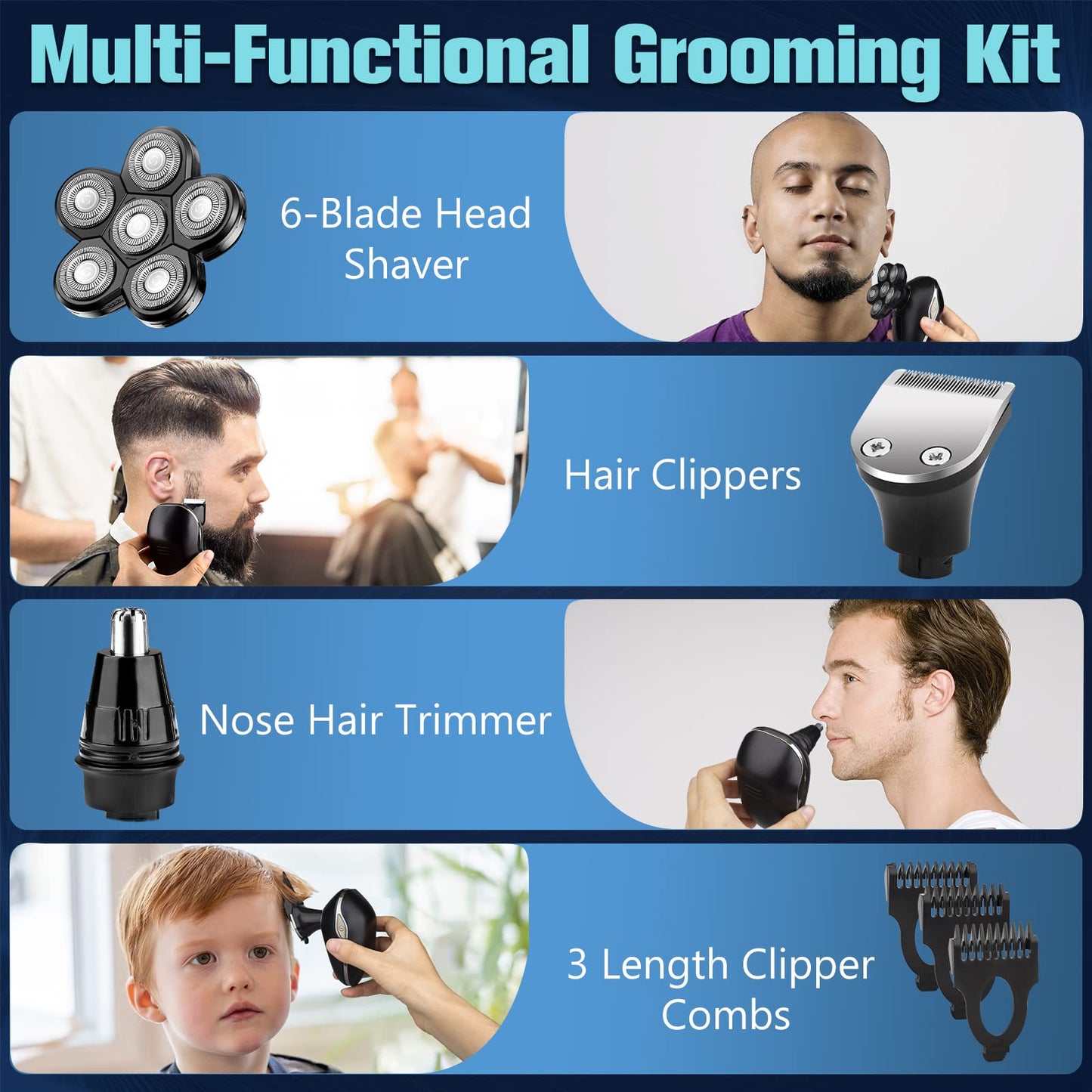 Head Shaver for Bald Men, 6-in-1 Electric Shaver for Bald Head 6D Wet/Dry Waterproof Mens Electric Razor Head Shavers with Grooming Kit Head Shaving Beauty and Personal Care Sakioo
