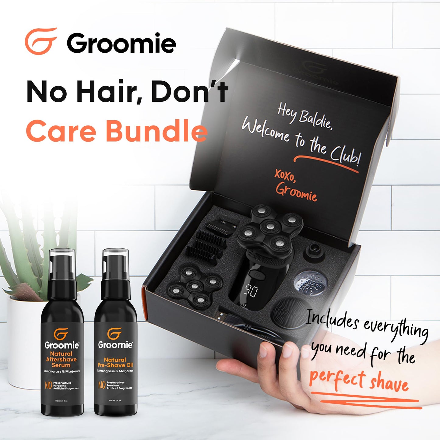 GROOMIE No Hair, Don't Care Bundle - 5D BaldiePro Electric Head Shavers for Bald Men, Natural Pre-Shave Oil to Promote Close Shave, & Natural Beauty and Personal Care Groomie