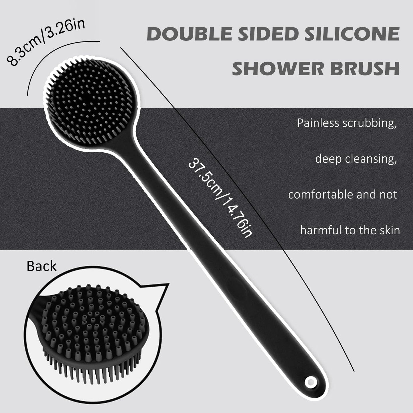 WALWAL Soft Silicone Back Scrubber for Shower, Long Handle Double-Sided Exfoliating Massage Bath Body Brush (Black) Beauty and Personal Care WALWAL