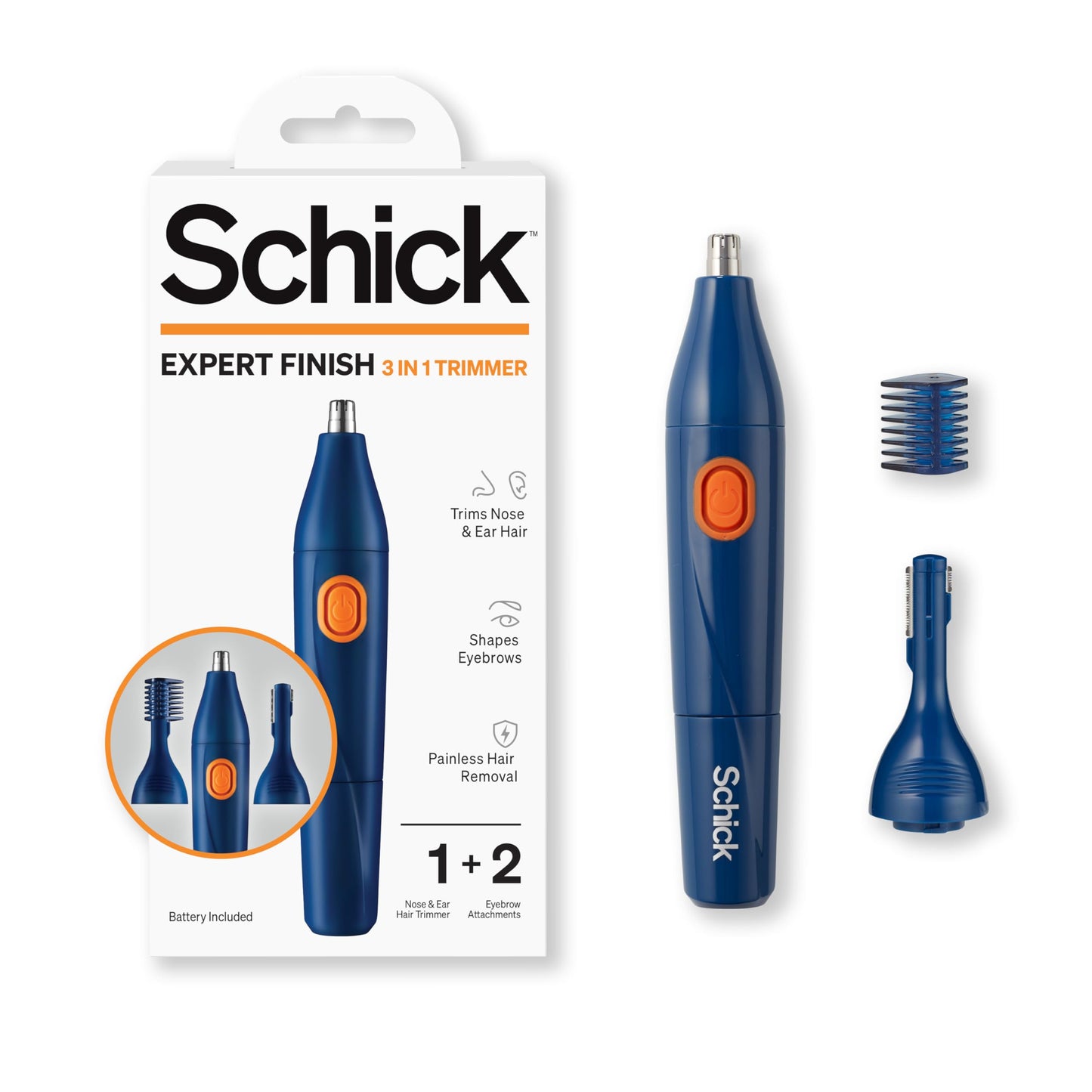 Schick Hair Trimmer, 3-in-1 Trimmer for Nose, Ear & Eyebrows, Painless Hair Removal, Cordless, Quick-Change Attachments, Waterproof, Expert Finish Beauty and Personal Care Schick