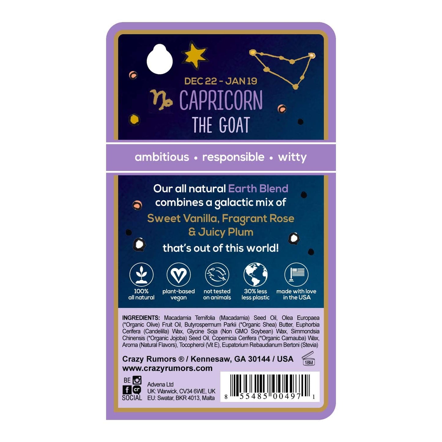 Crazy Rumors Capricorn Zodiac All Natural, Plant Based Lip Balm to Moisturize and Nourish your Lips - Earth Blend (Sweet Vanilla, Fragrant Rose Beauty and Personal Care Crazy Rumors