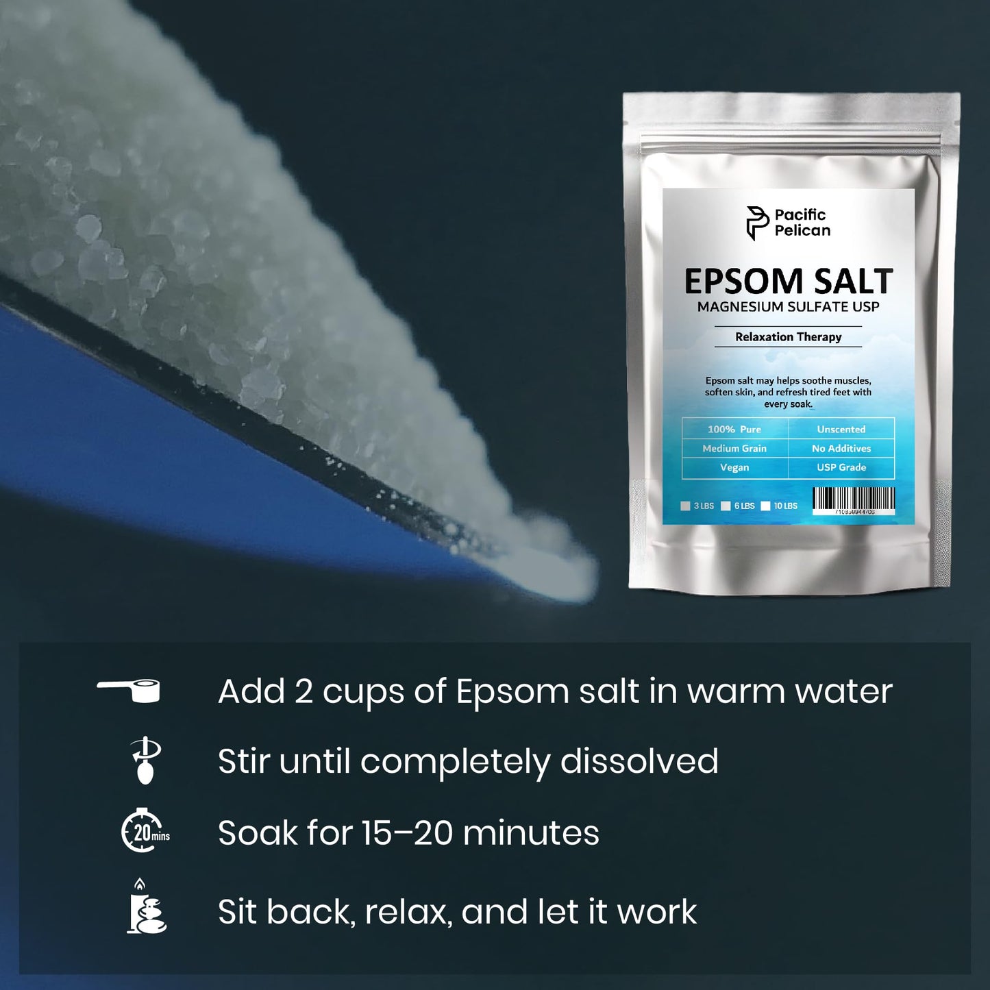 Pacific Pelican Epsom Salt for Bath & Foot Soaks - Stress Relief - Muscle Recovery - Skin Revitalization (10lb) Beauty and Personal Care Pacific Pelican