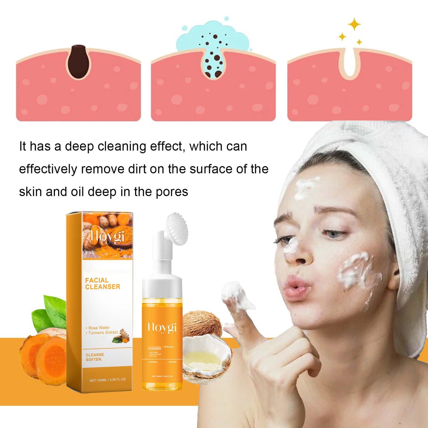 HOYGI Turmeric Face Wash with Brush, Turmeric Foaming Facial Cleanser for All Skin, 3.38 Fl Oz/pcs Beauty and Personal Care HOYGI