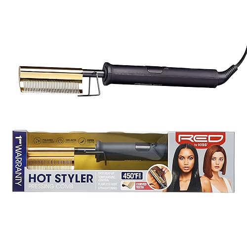 Red by Kiss Hot Comb Hair Straightener 450 Degrees, Curved Electric Heating Comb, Pressing Comb Brush for Straightening Hair and Beard, Curling Iron Beauty & Personal Care Red by Kiss