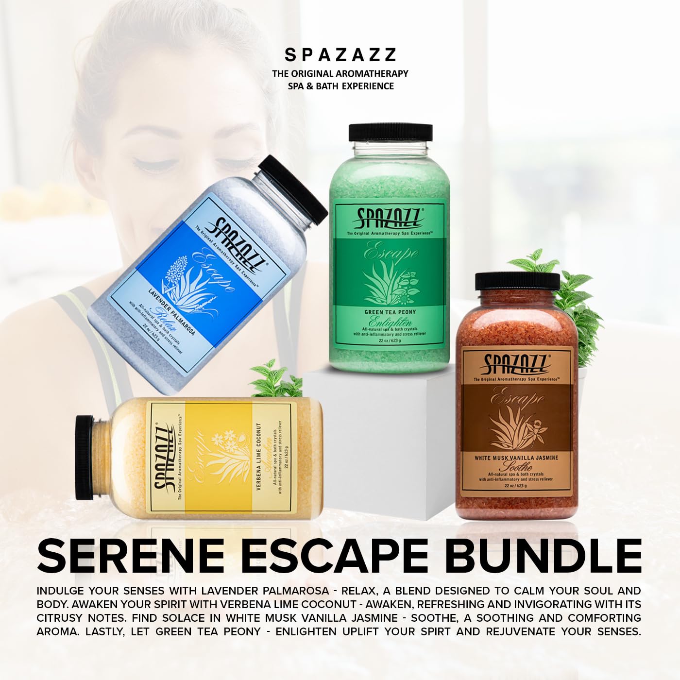 Hot Tub & Spa Bath Salt Aromatherapy Crystals Gift Set - Spazazz Escape Collection Bundle 4-Pack (22oz Each) - Lavender Palmarosa, Verbena Lime Beauty and Personal Care Spazazz