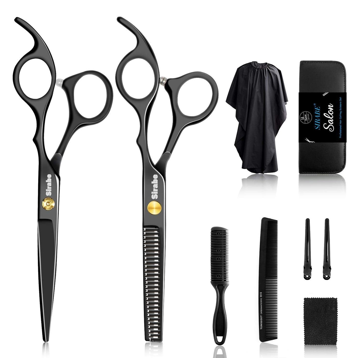 Sirabe 10 PCS Hair Cutting Scissors Set, Professional Haircut Scissors Kit with Cutting Scissors, Thinning Shears, Comb, Cape, Clips, Black Beauty and Personal Care Sirabe