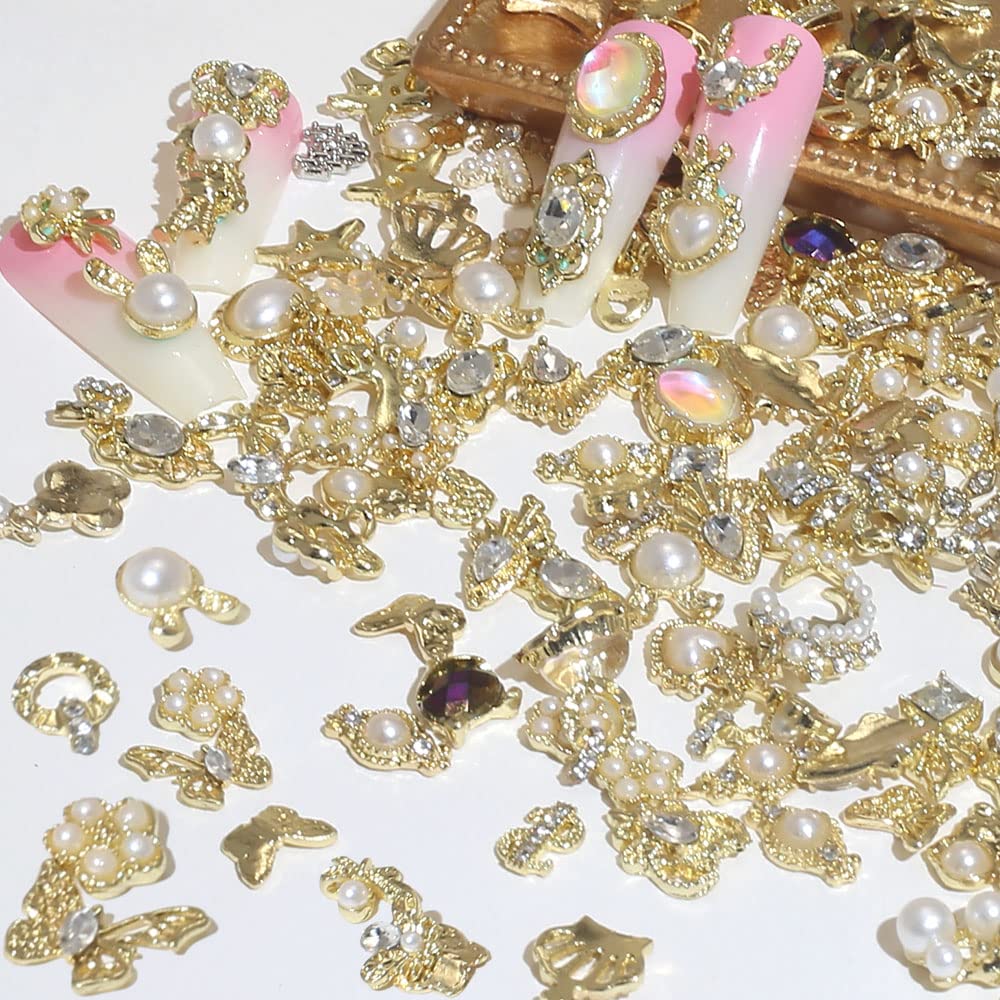 Dornail 50pcs Gold Nail Charms for Acrylic Nails, Mix Styles Shiny Pearl Alloy Nail Rhinestones Flower Butterfly Heart Star Charms for Nails Women Beauty & Personal Care Dornail